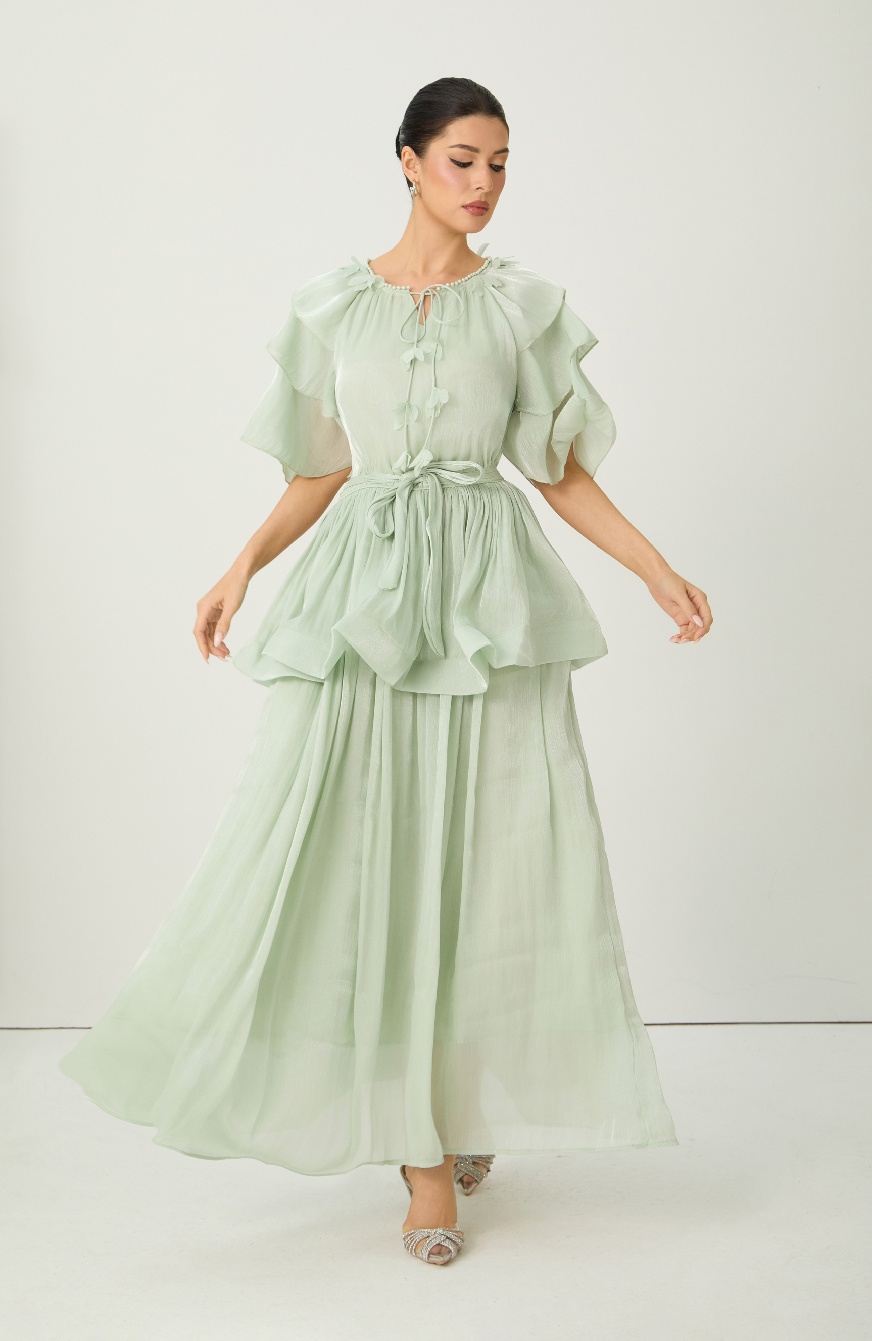 Vibes On Point Green Ruffle Sleeve Tie Neck Maxi Dress-purelyfable