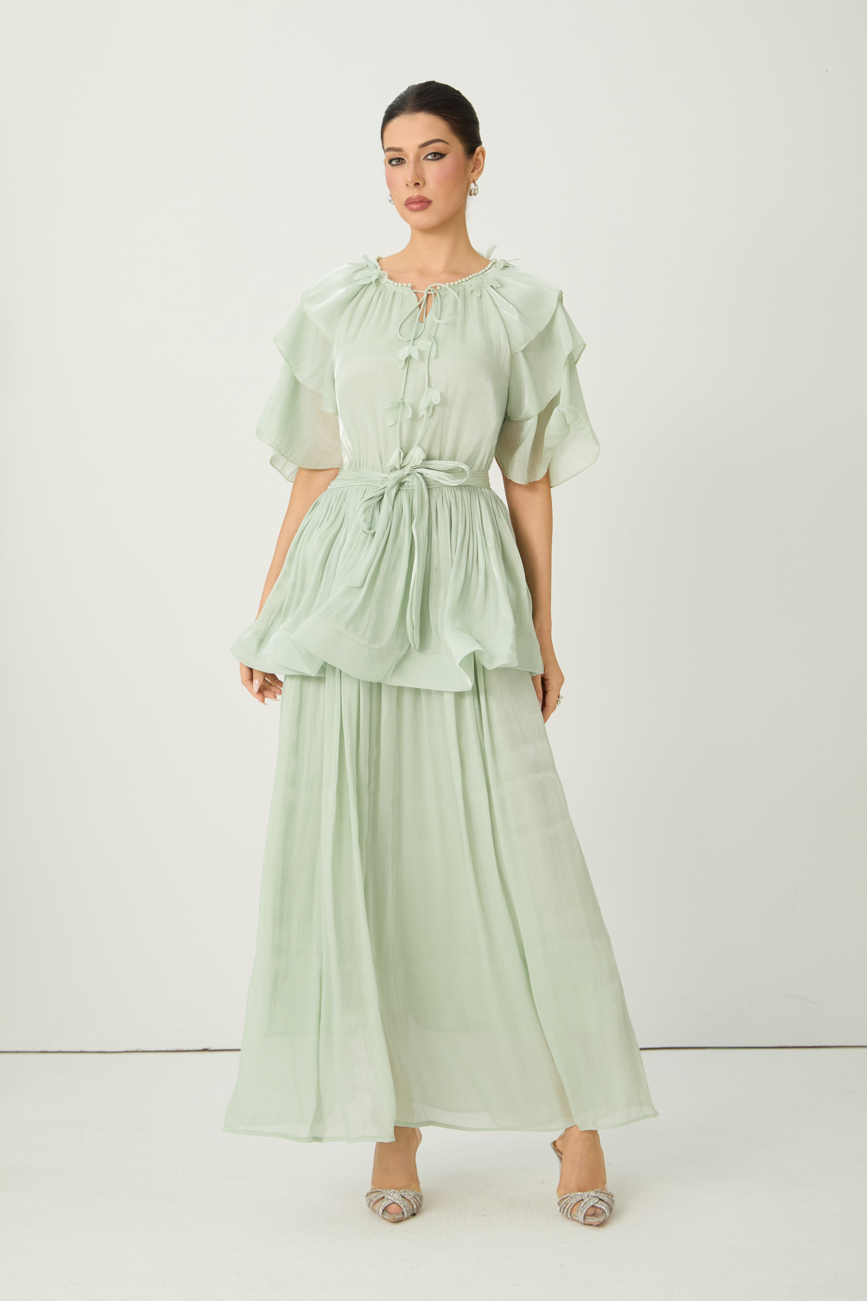 Vibes On Point Green Ruffle Sleeve Tie Neck Maxi Dress-purelyfable