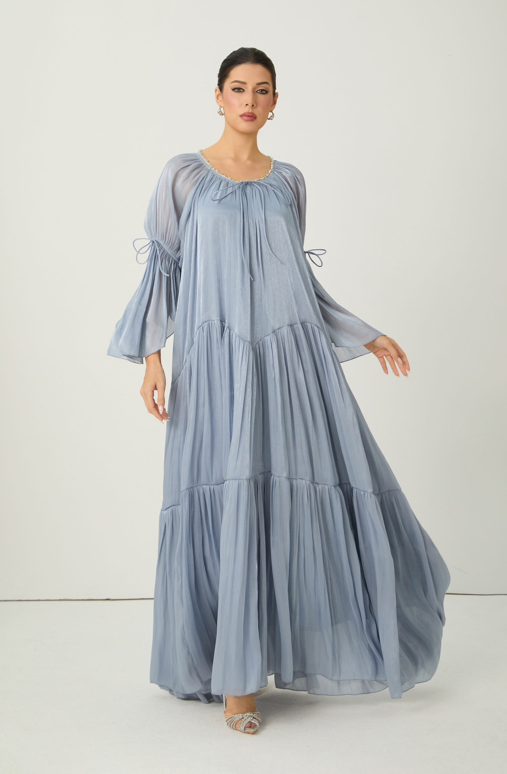 Remarkable Arrival Blue Ruffle Sleeve Ruffle Maxi Dress-purelyfable