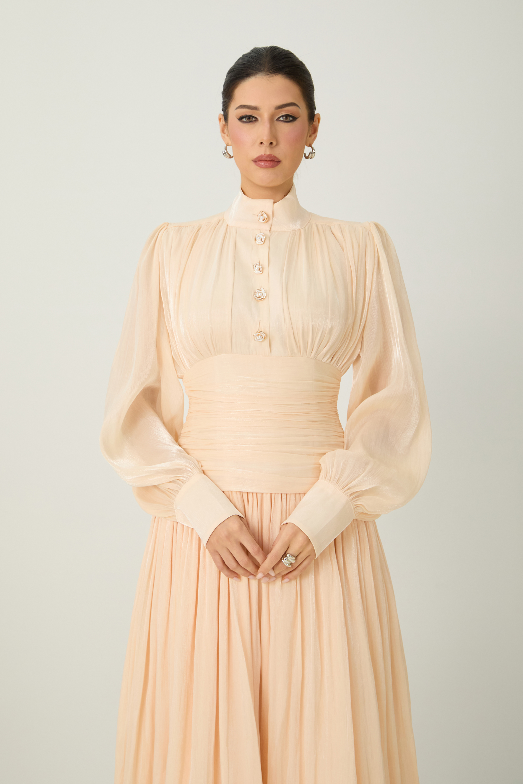 Divine Beauty Apricot High Neck Pleated Maxi Dress-purelyfable
