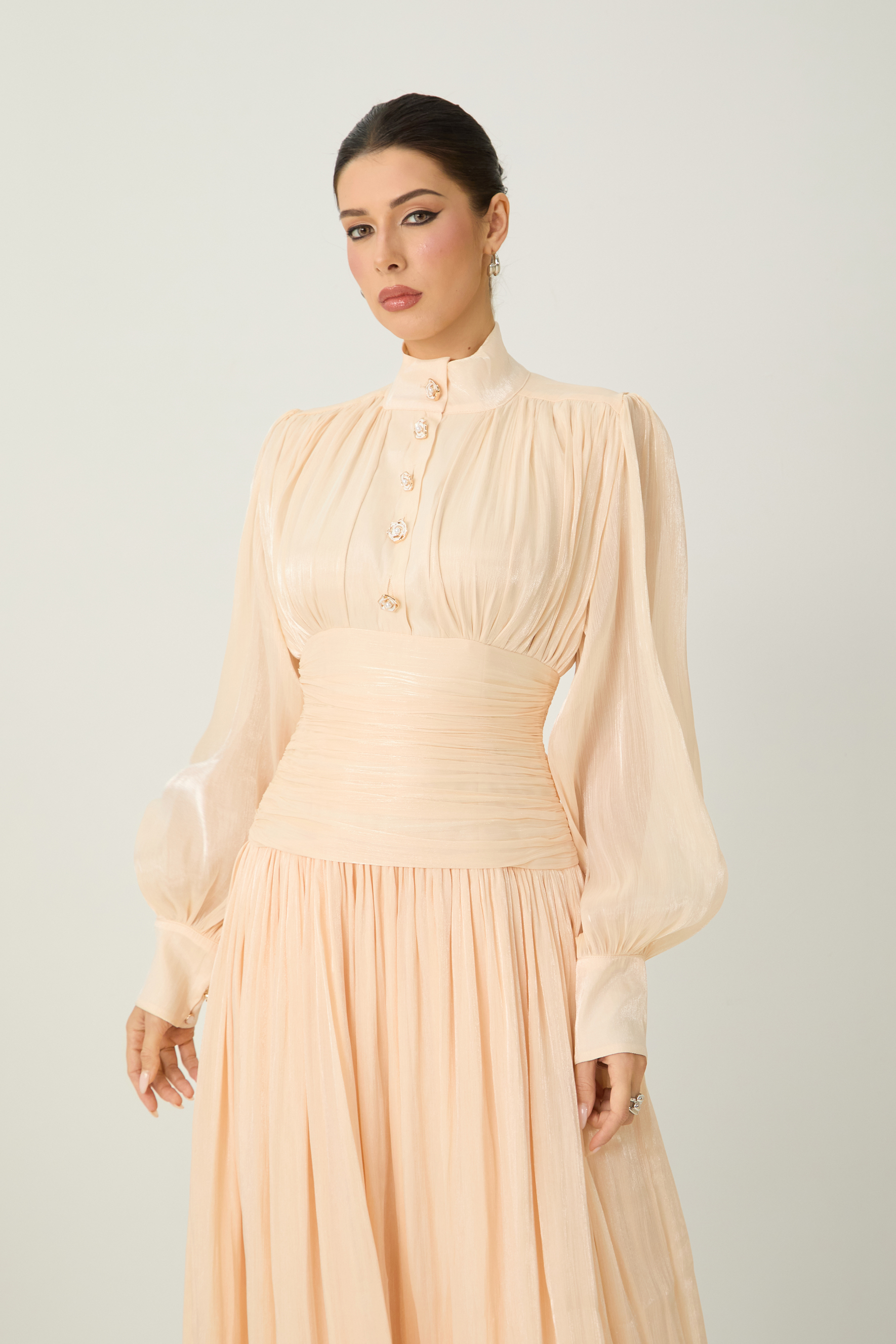 Divine Beauty Apricot High Neck Pleated Maxi Dress-purelyfable
