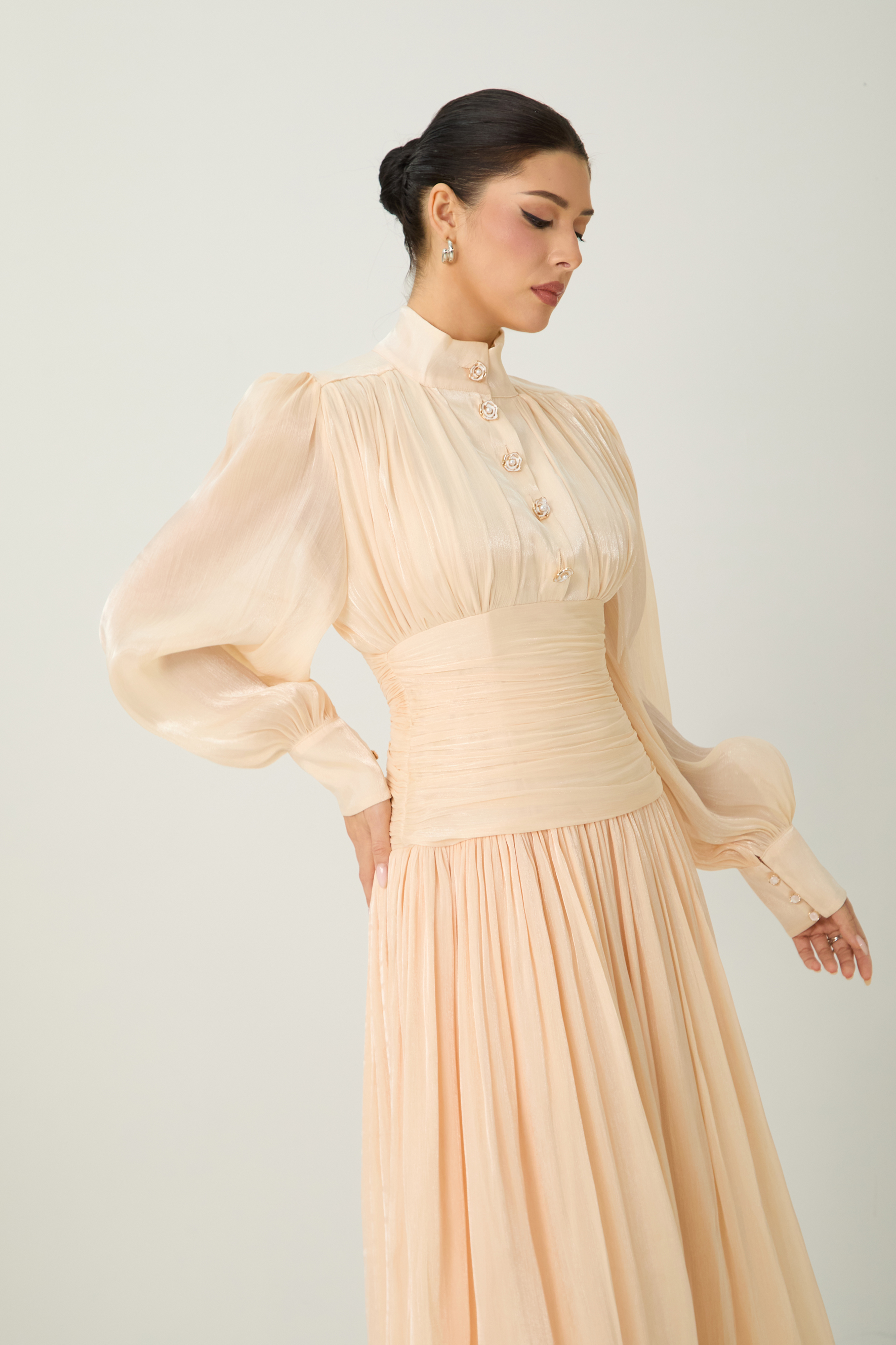 Divine Beauty Apricot High Neck Pleated Maxi Dress-purelyfable