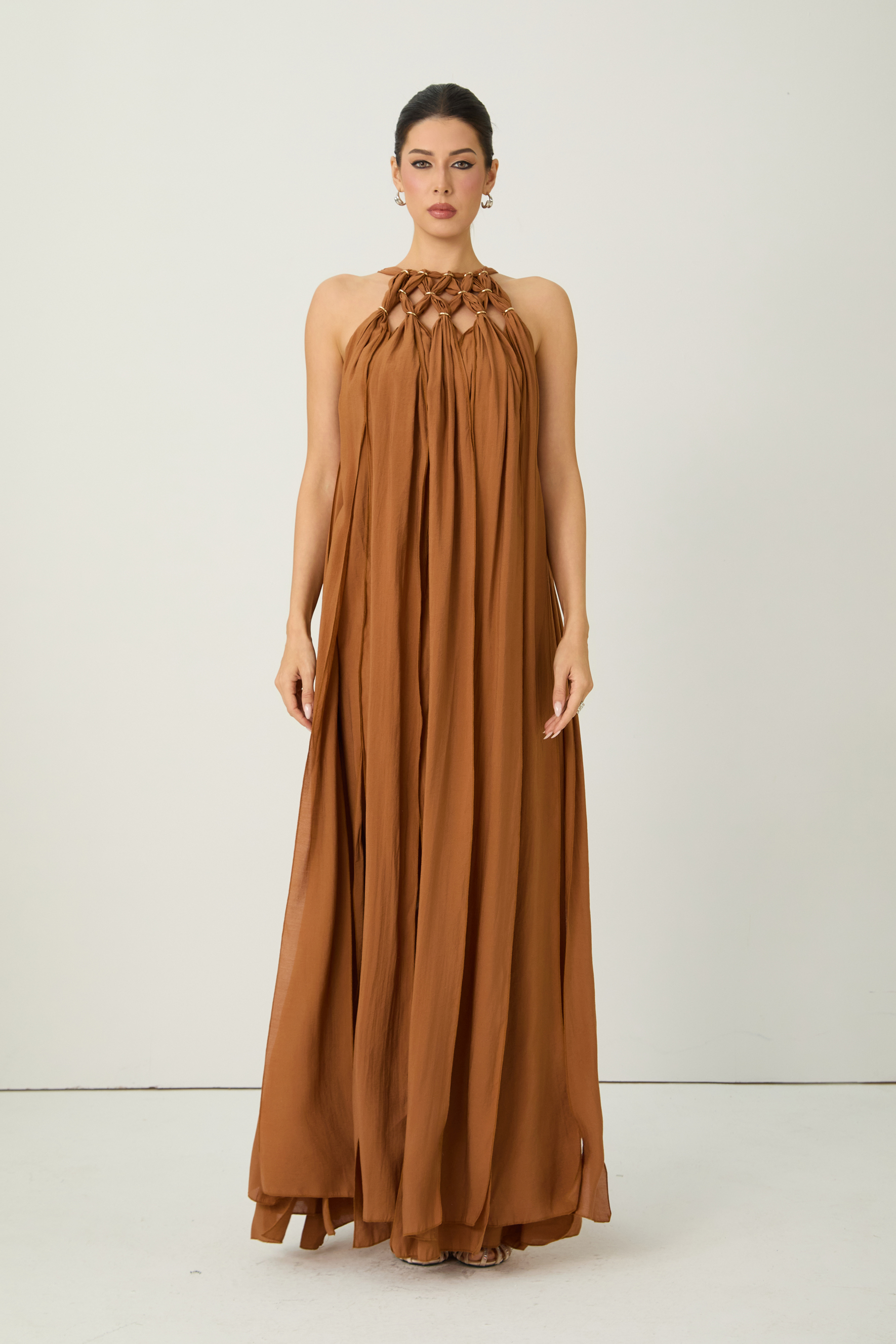 Style Unlocked Brown Knotted Draped Maxi Dress-purelyfable