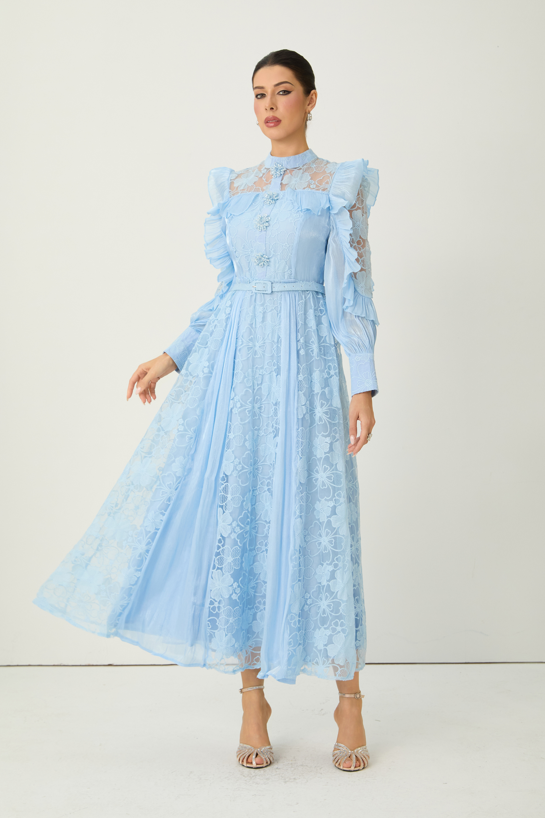 Dreamy Occasions Blue Floral Embroidered Ruffle Sleeve Maxi Dress-purelyfable