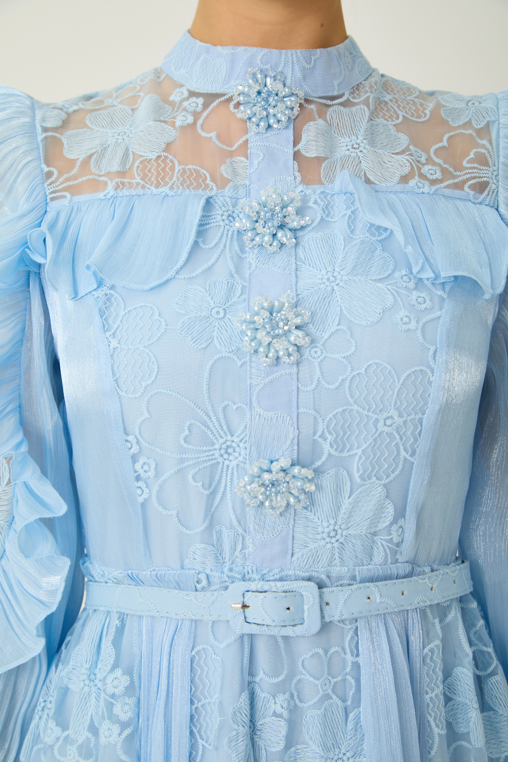 Dreamy Occasions Blue Floral Embroidered Ruffle Sleeve Maxi Dress-purelyfable