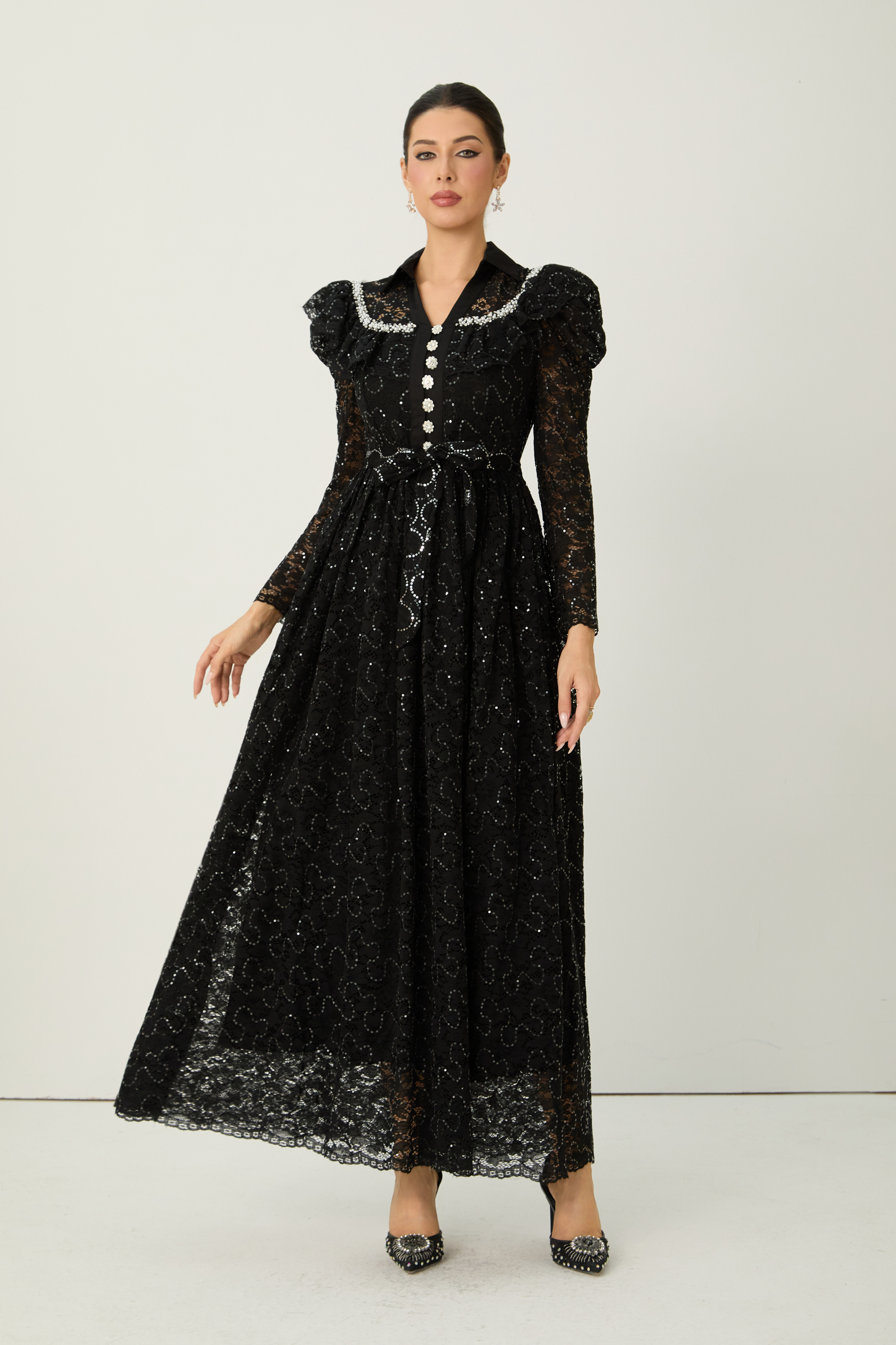 Illustrious Glow Black Sequin Lace Puff Sleeve Maxi Dress-purelyfable