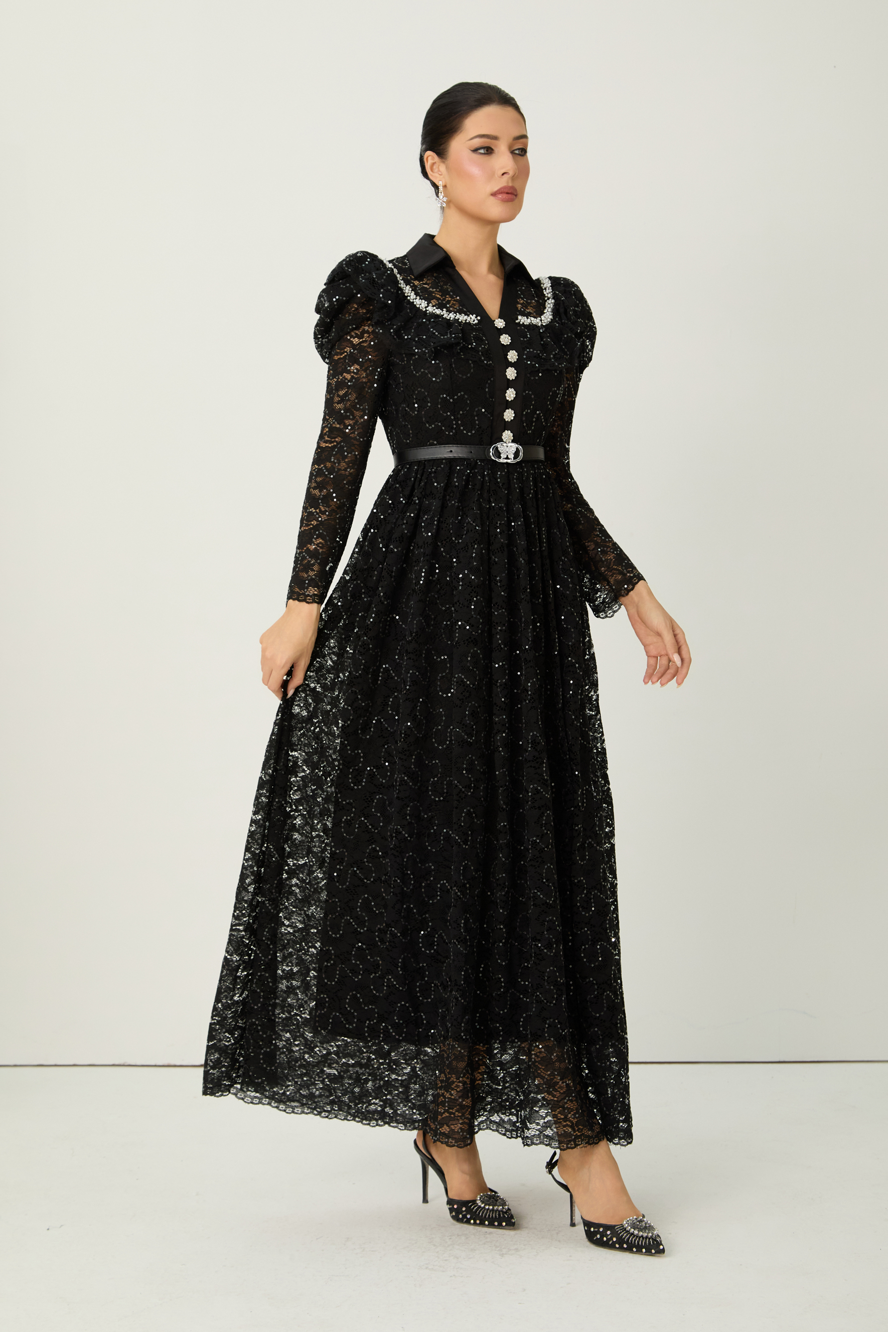 Illustrious Glow Black Sequin Lace Puff Sleeve Maxi Dress-purelyfable