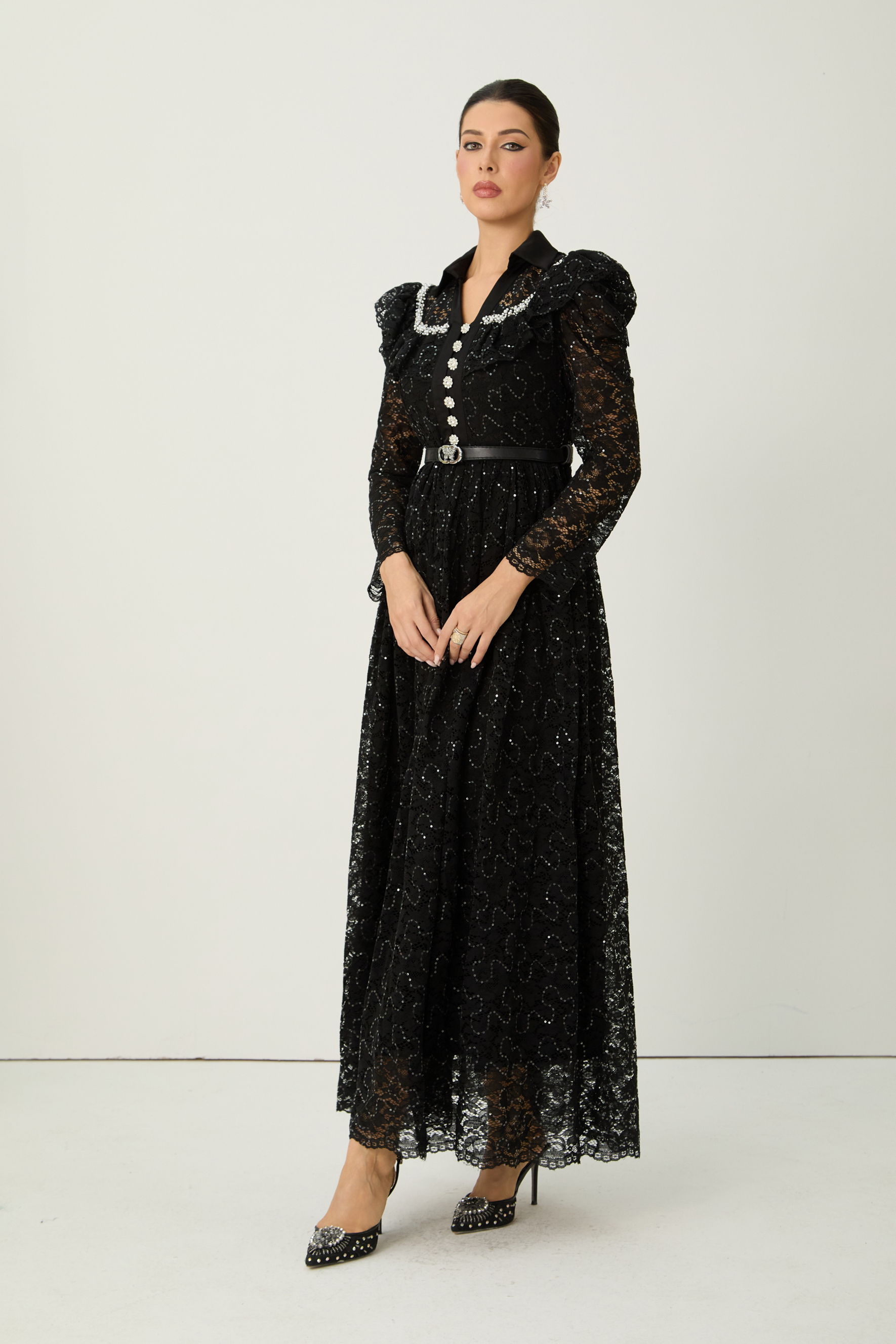 Illustrious Glow Black Sequin Lace Puff Sleeve Maxi Dress-purelyfable