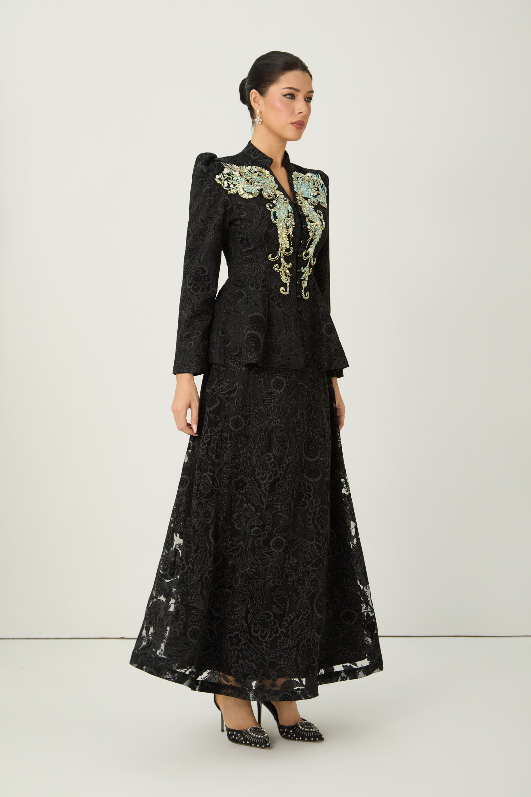 Found Your Love Black Sequin Embellished Jacket & Floral Lace Skirt Set-purelyfable