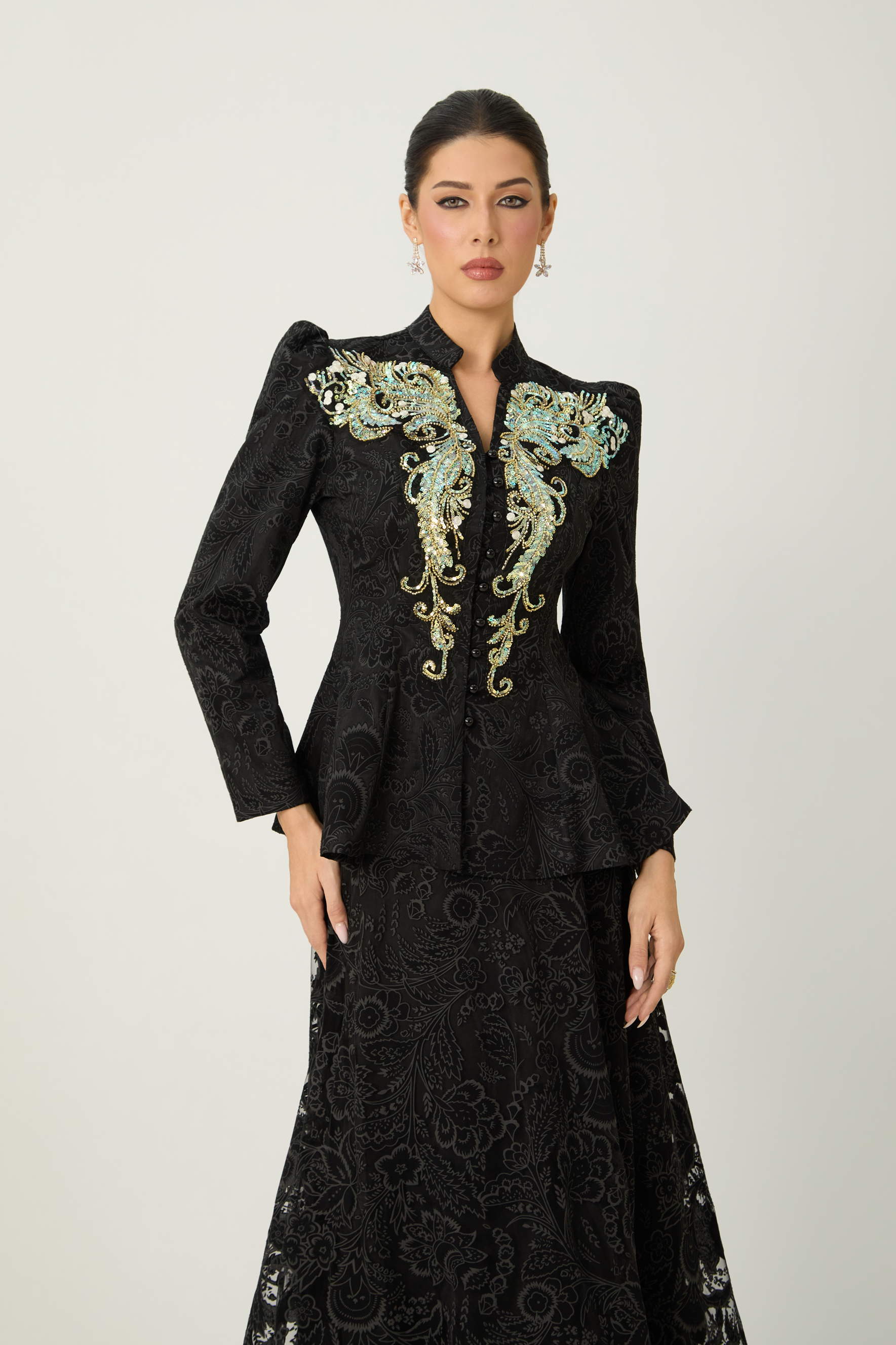 Found Your Love Black Sequin Embellished Jacket & Floral Lace Skirt Set-purelyfable