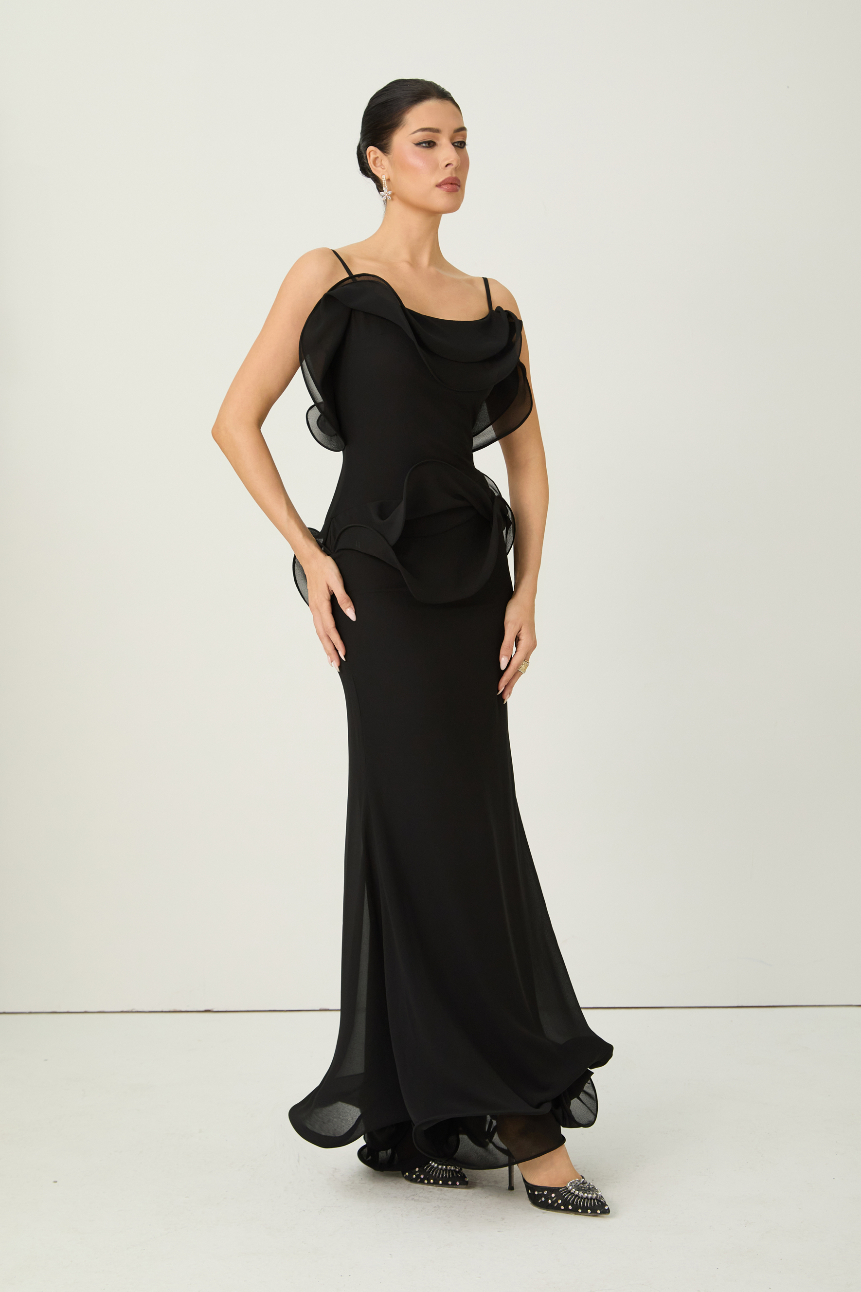 Trend Seeker Black Asymmetric Ruffle Backless Maxi Dress-purelyfable