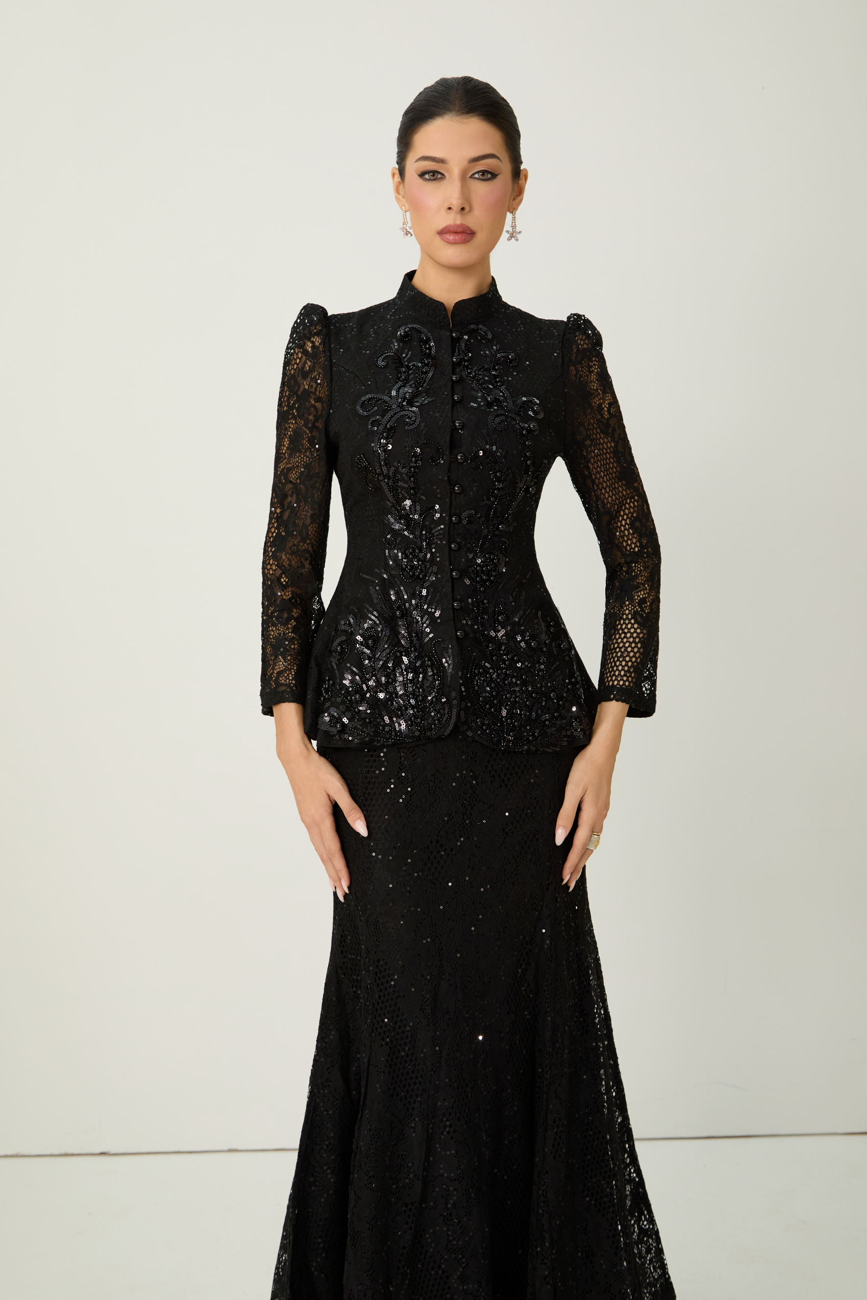 Romance Language Black Floral Embroidered Sequin Jacket & Skirt Set-purelyfable
