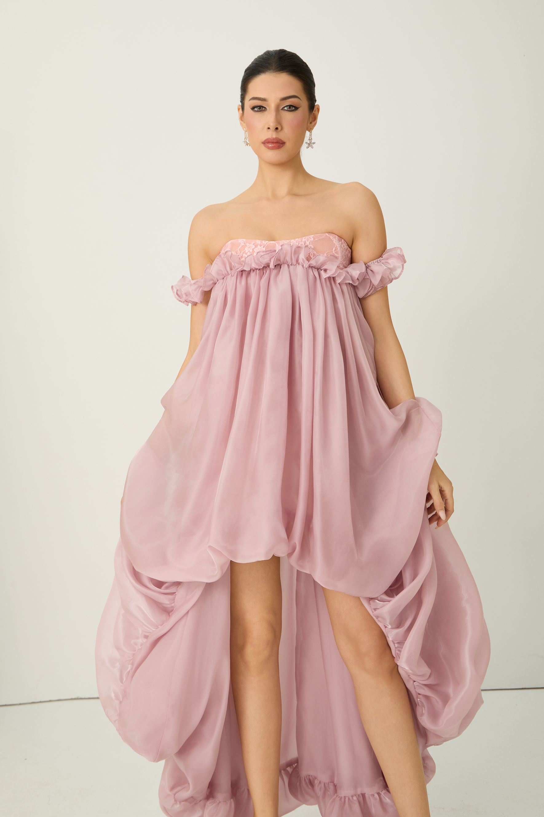 Endlessly Darling Pink Off Shoulder High Low Ruffle Maxi Dress-purelyfable