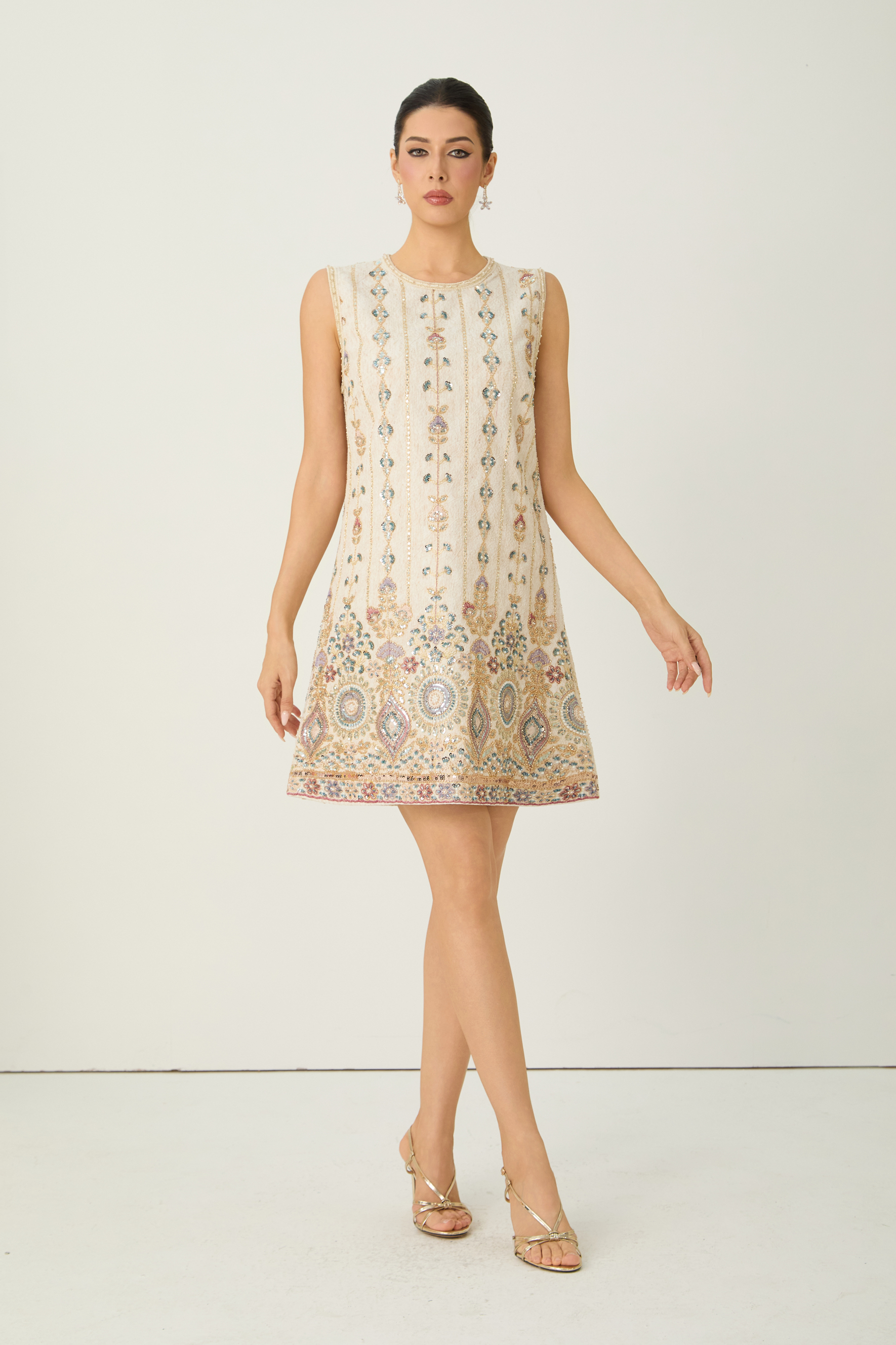 Glamorous Choice Beige Sequin Embroidered Sleeveless Mini Dress-purelyfable