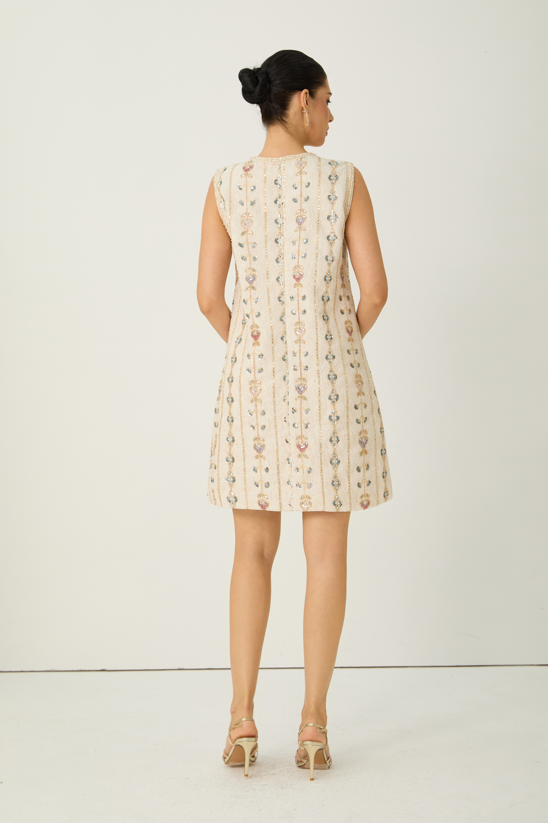 Glamorous Choice Beige Sequin Embroidered Sleeveless Mini Dress-purelyfable