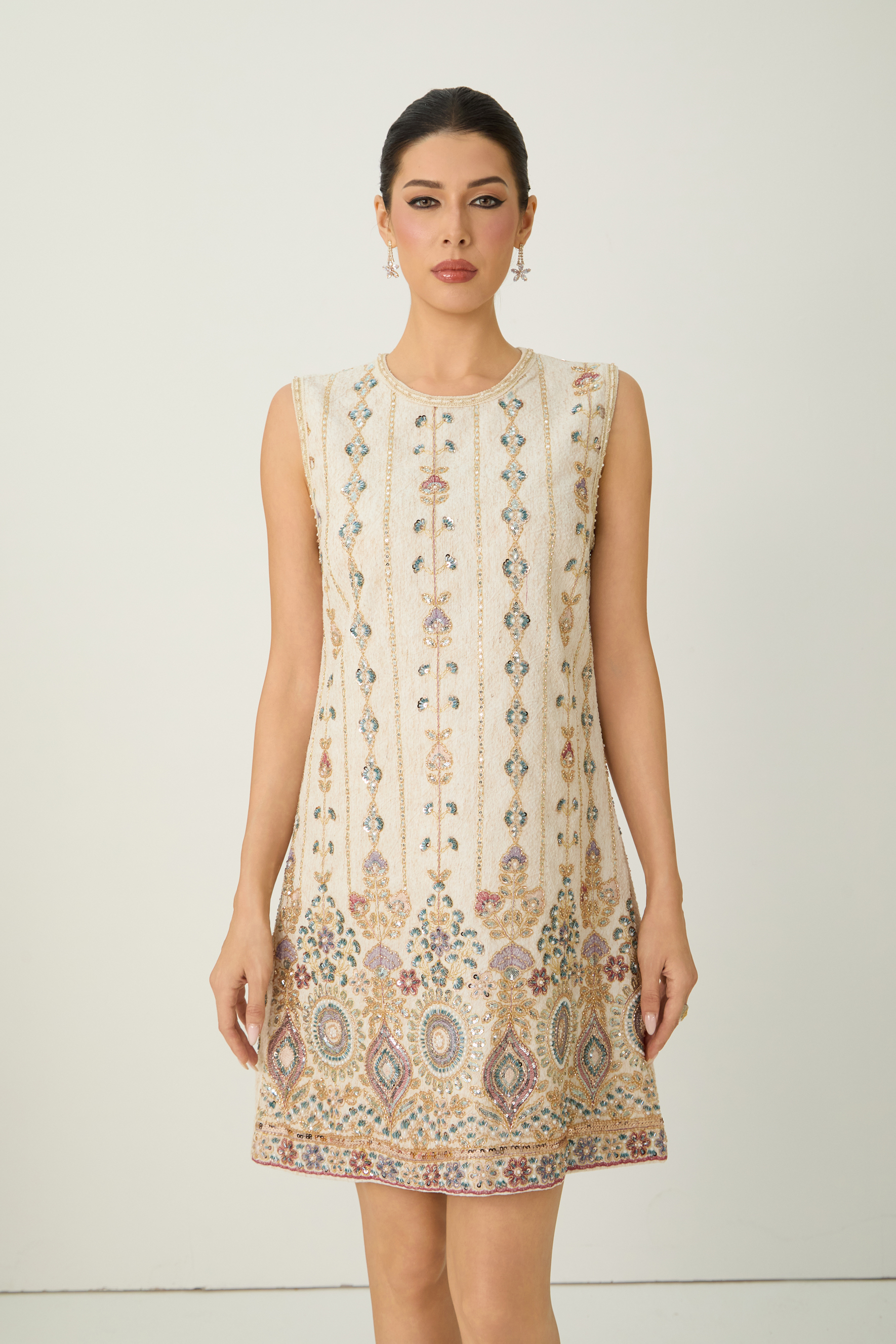 Glamorous Choice Beige Sequin Embroidered Sleeveless Mini Dress-purelyfable