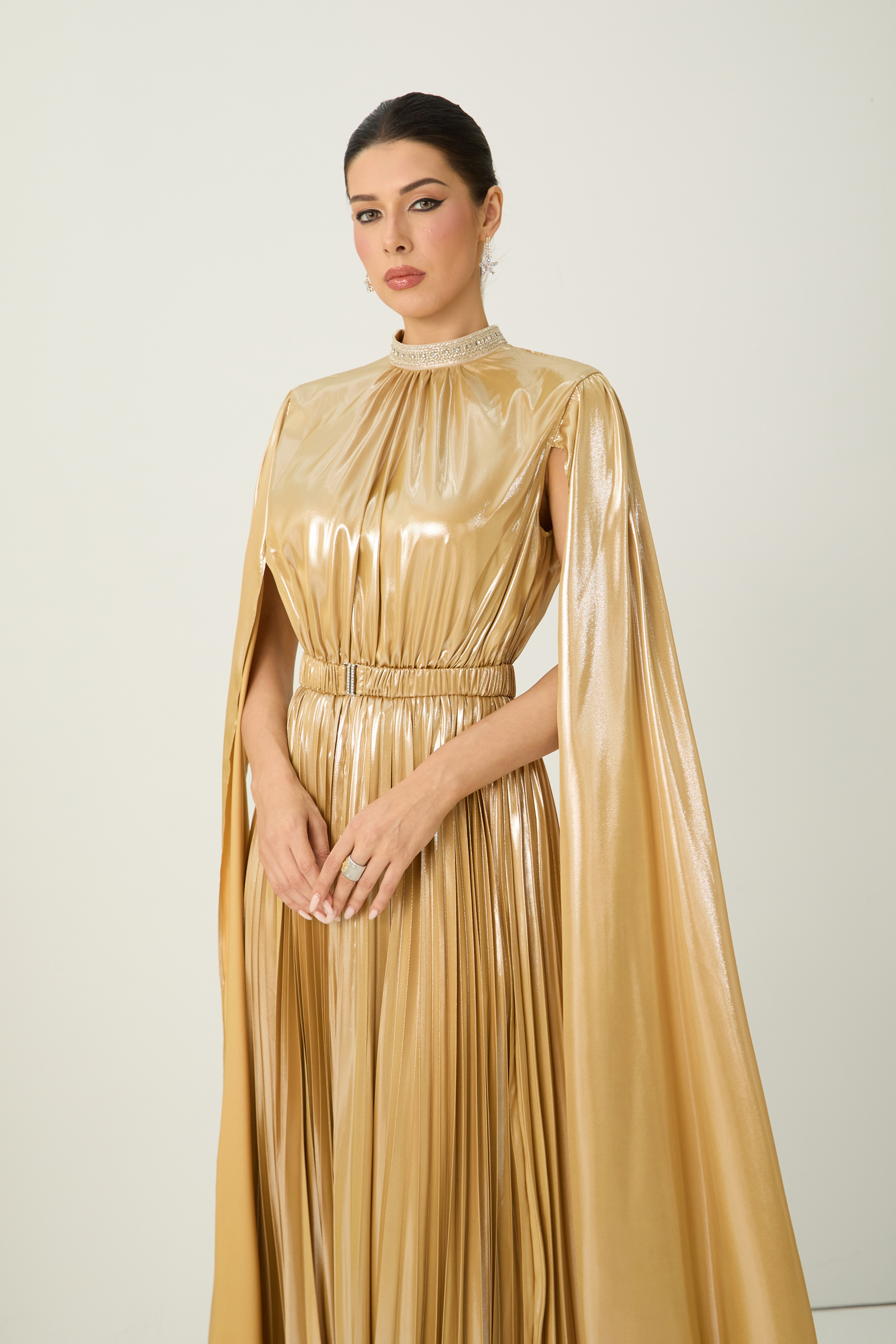 Starlit Shores Gold Cape Sleeve Pleated Maxi Dress-purelyfable