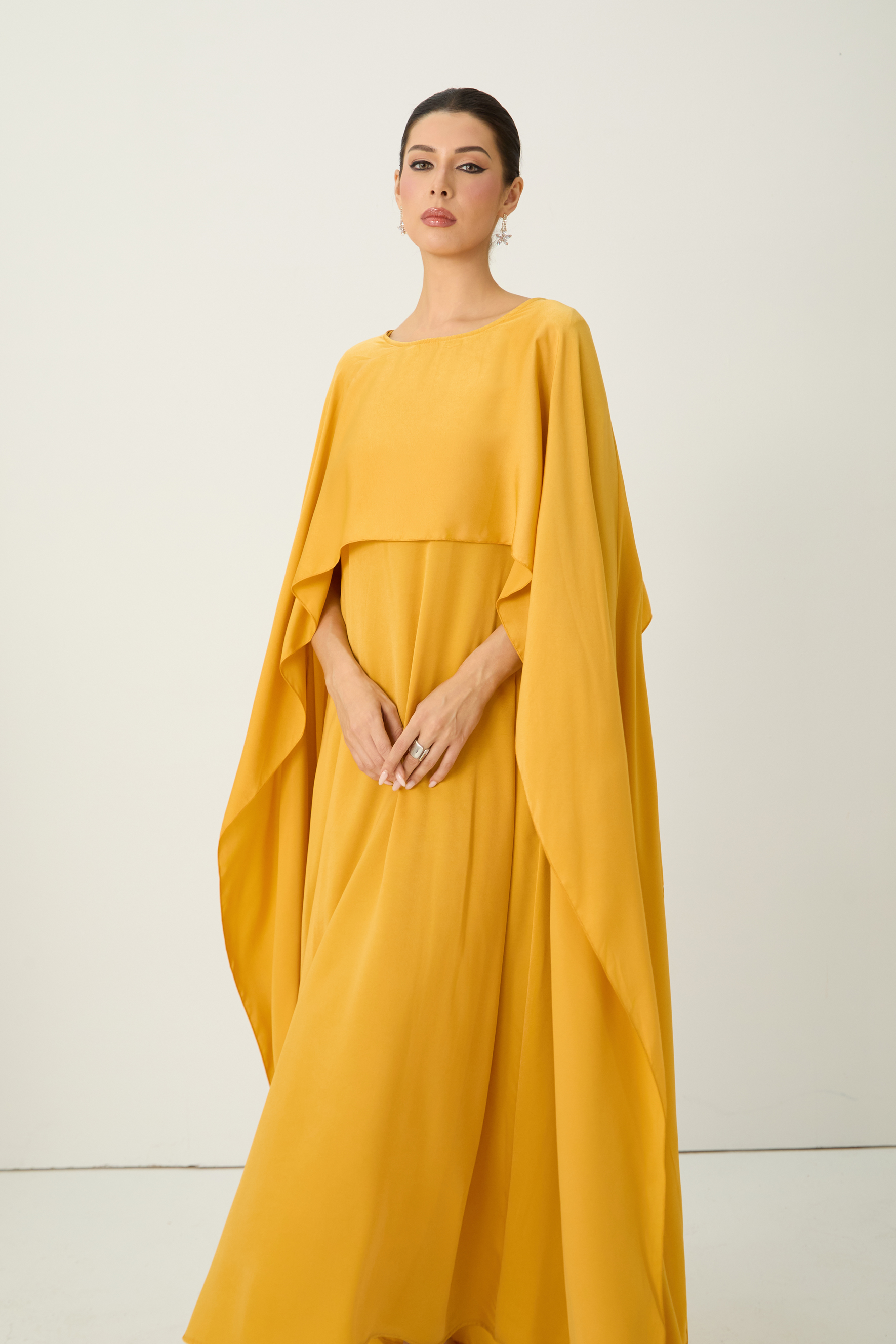 Bright Season Yellow Cape Sleeve Maxi Dress-purelyfable