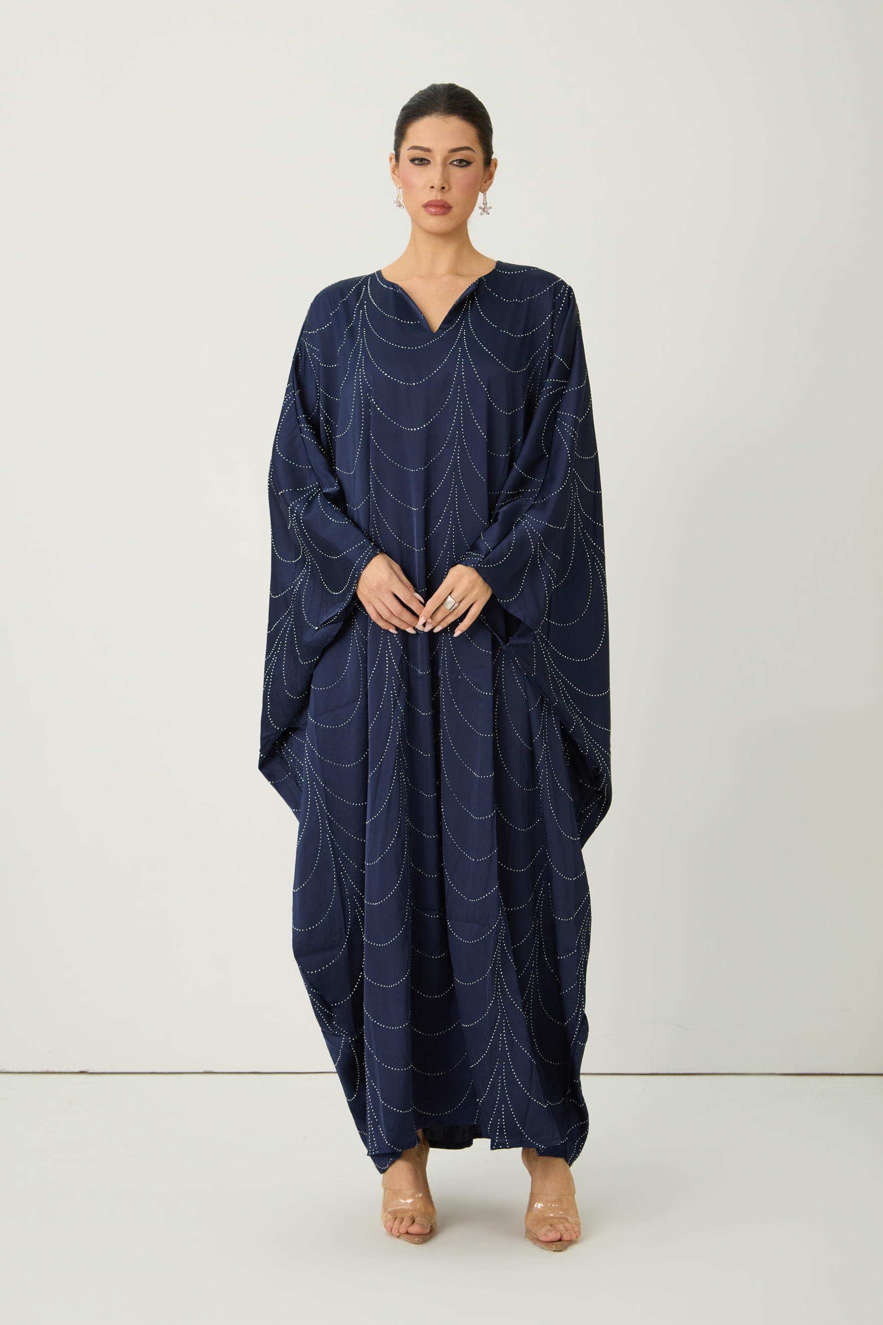 Signature Elegance Blue Rhinestone Embellished Draped Maxi Kaftan-purelyfable
