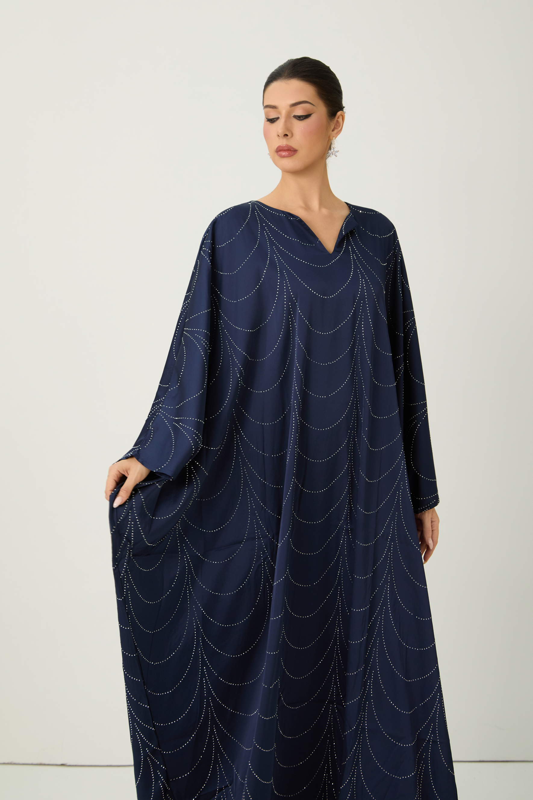 Signature Elegance Blue Rhinestone Embellished Draped Maxi Kaftan-purelyfable