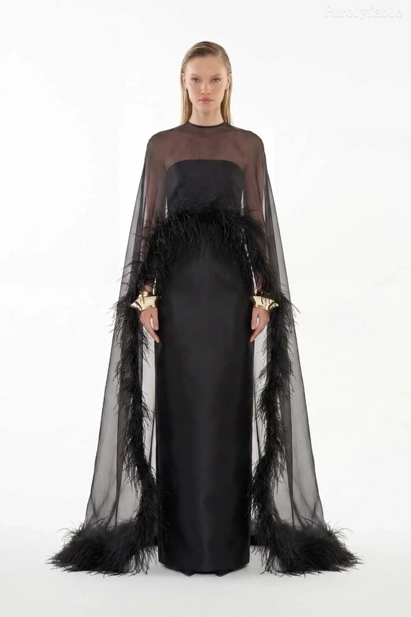 Odelia Black Shawl Feather Dress
