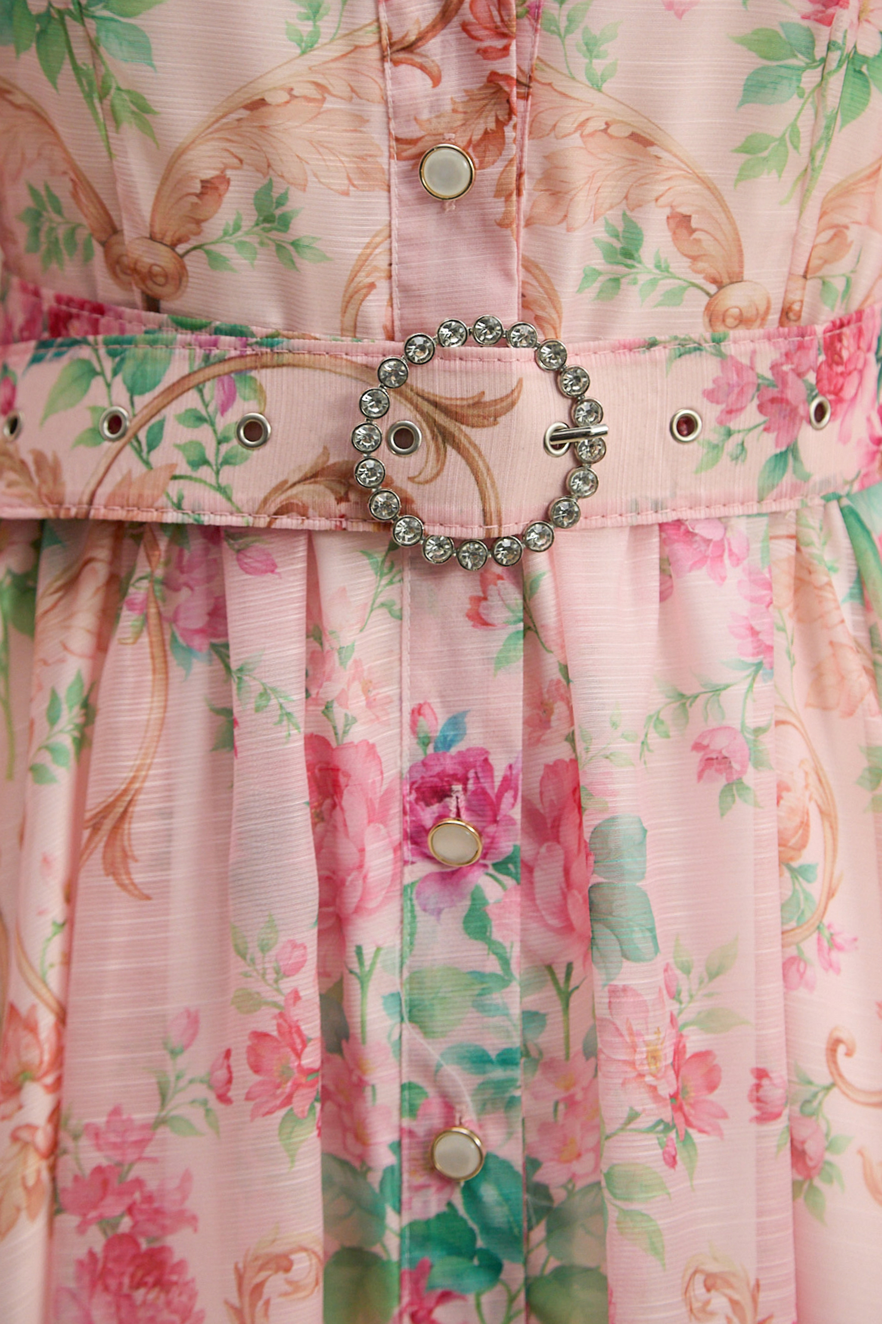 Vivid Daydream Pink Floral Print Rhinestone Belt Maxi Dress-purelyfable