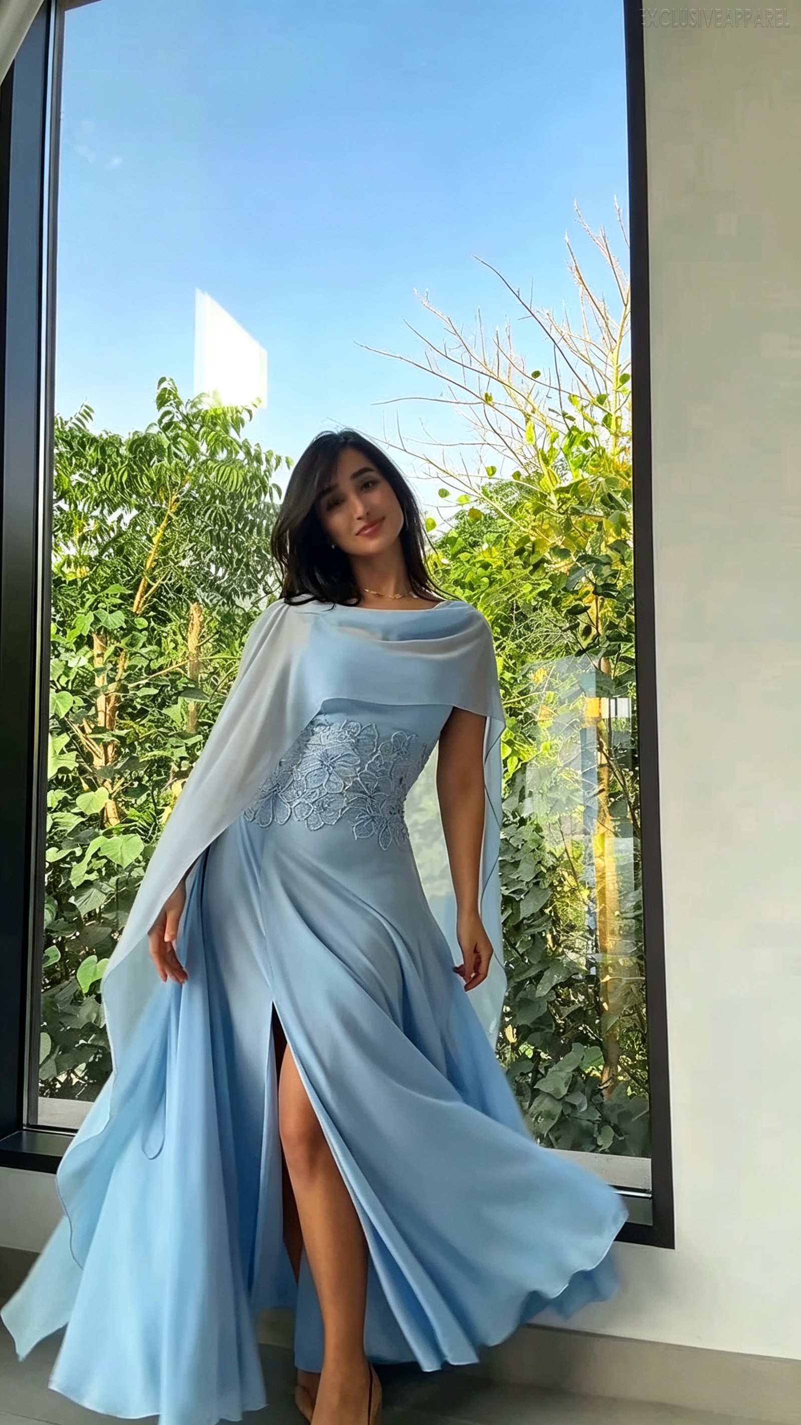 Juliette Blue Drop-Waist Cap Sleeve Long Dress with Side Slits