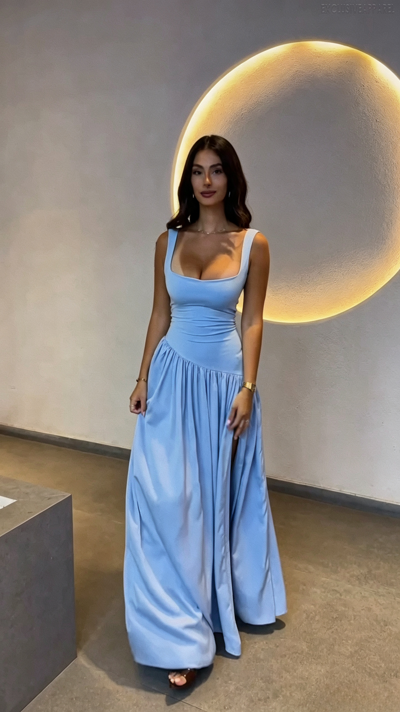 Sophia Blue V-neck Sleeveless Long Dress