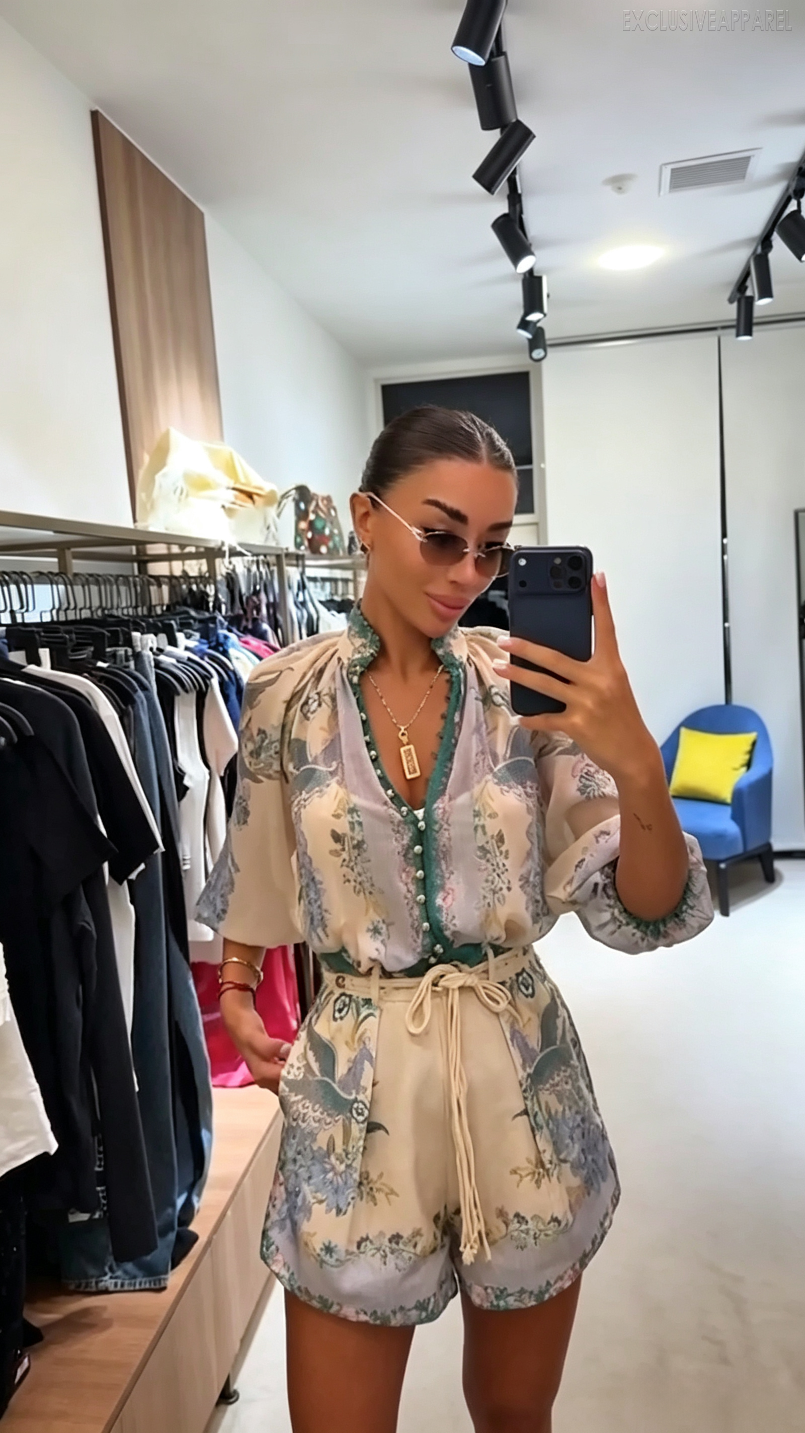 Leona Multi-Color V-Neck Puff Sleeve Shorts Two-Piece Set