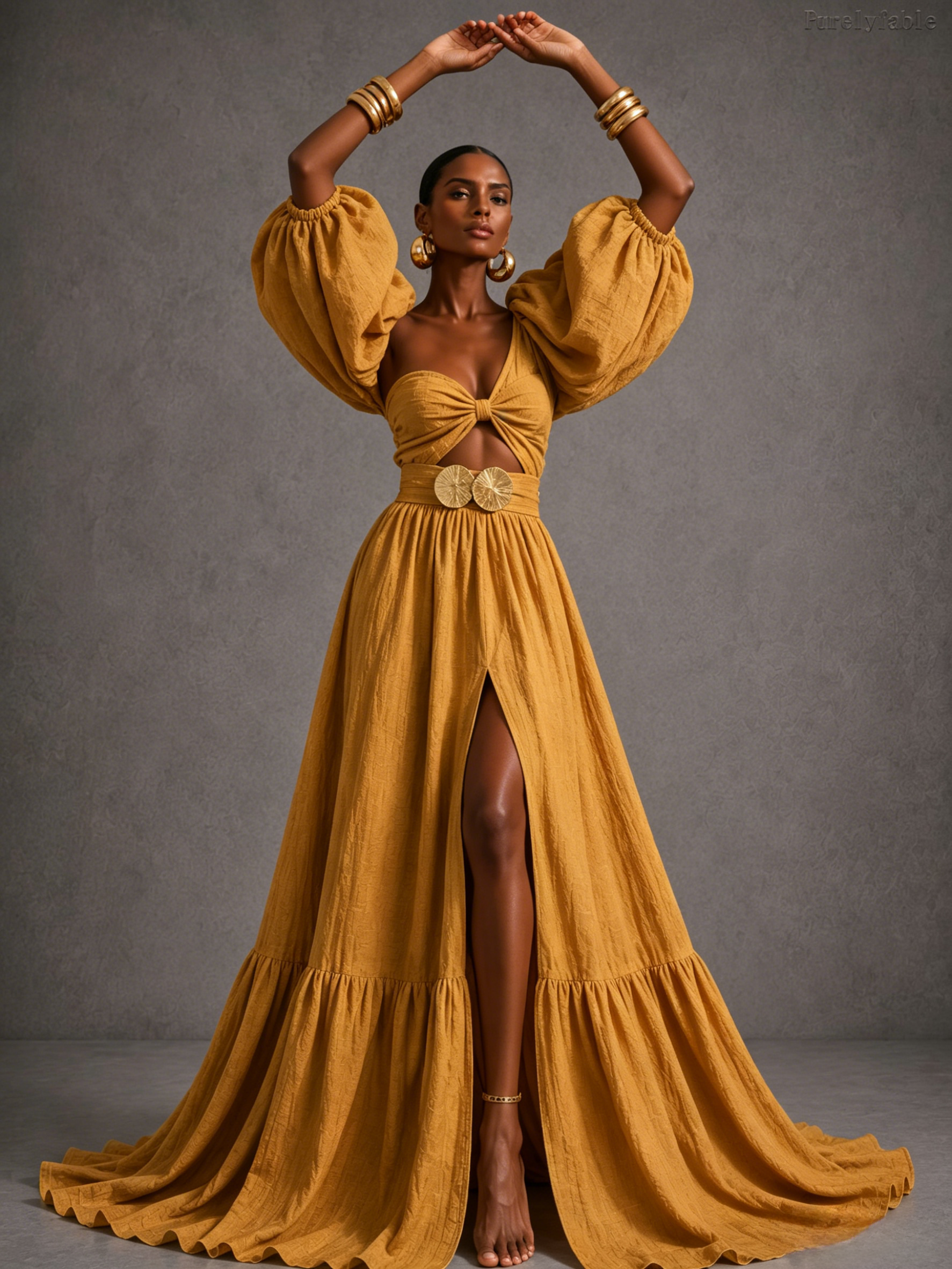 Elisa Yellow Single Shoulder Puff Sleeve Cutout Two-Piece Set