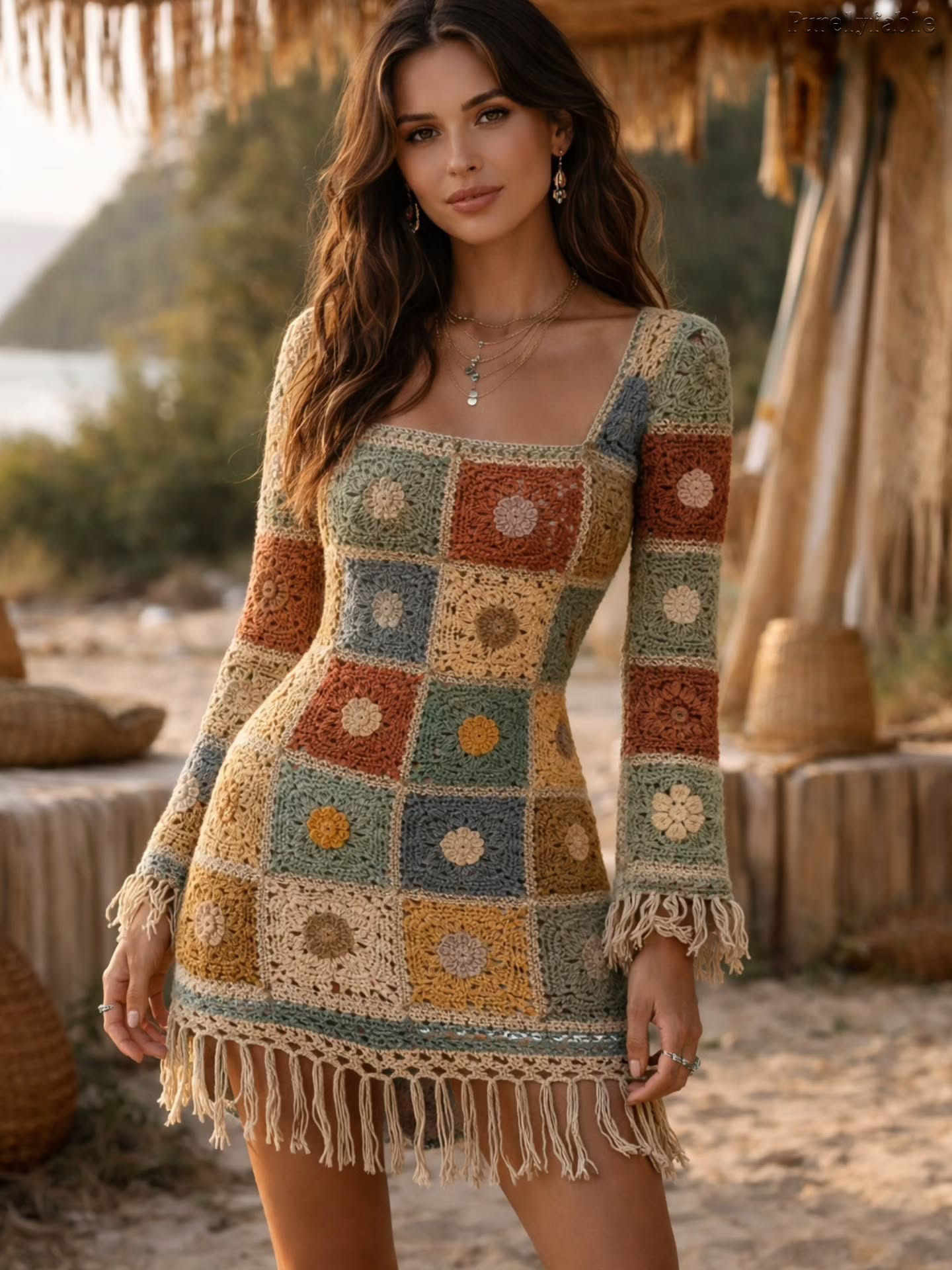 Ada Colourful Square Collar Patchwork Dress