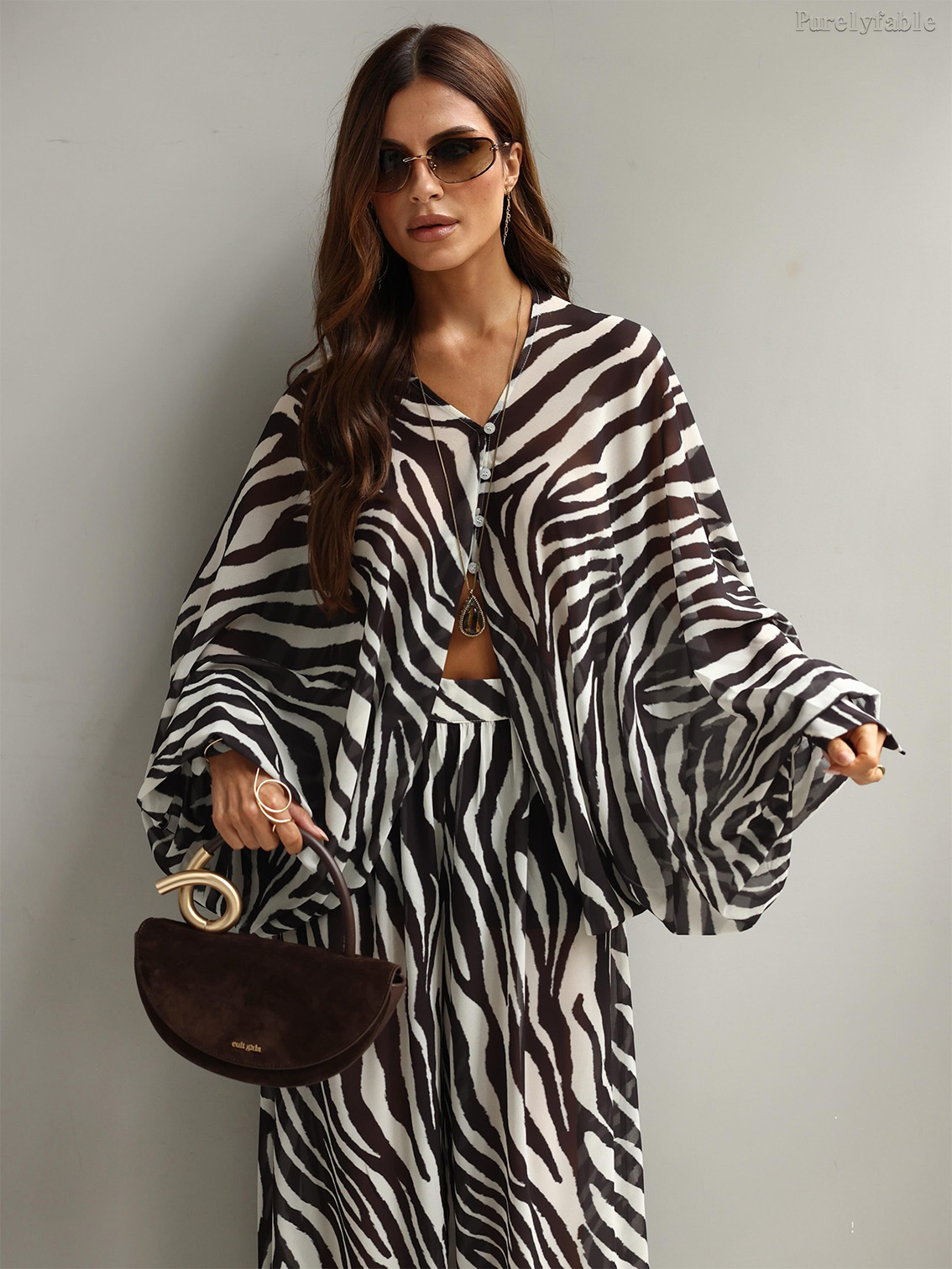 Juliette Black And White Zbra Print Flared Sleeve Long Pants Two-Piece Set