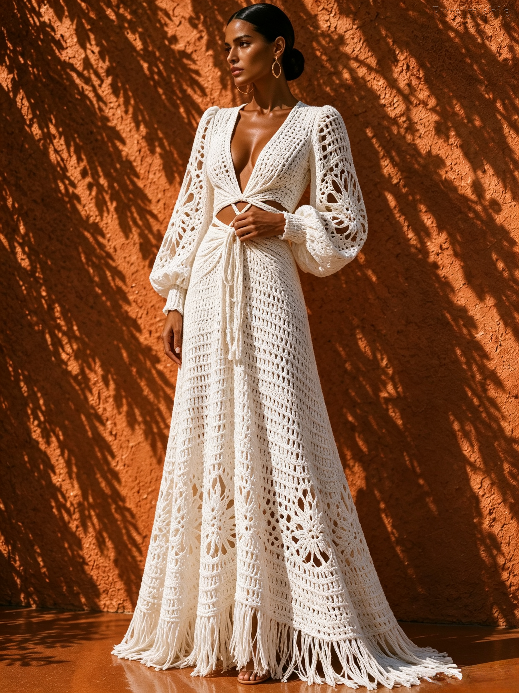 Elysia White Deep V Lantern Sleeve Long Dress