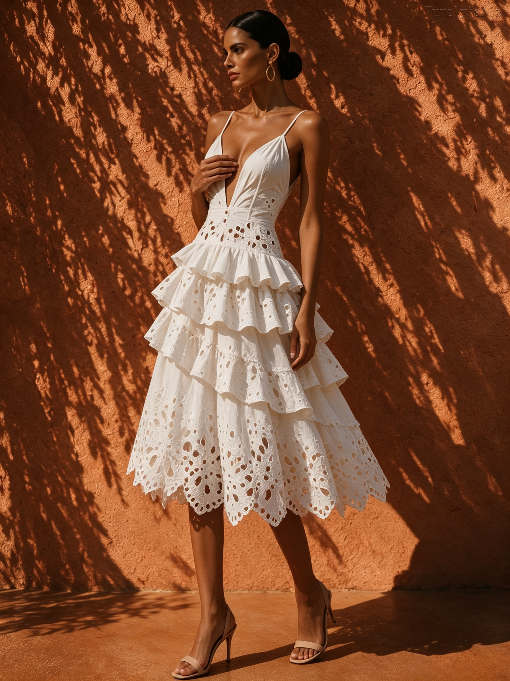 Elysia White Deep-V Multi-Layered Lotus Leaf Midi Dress
