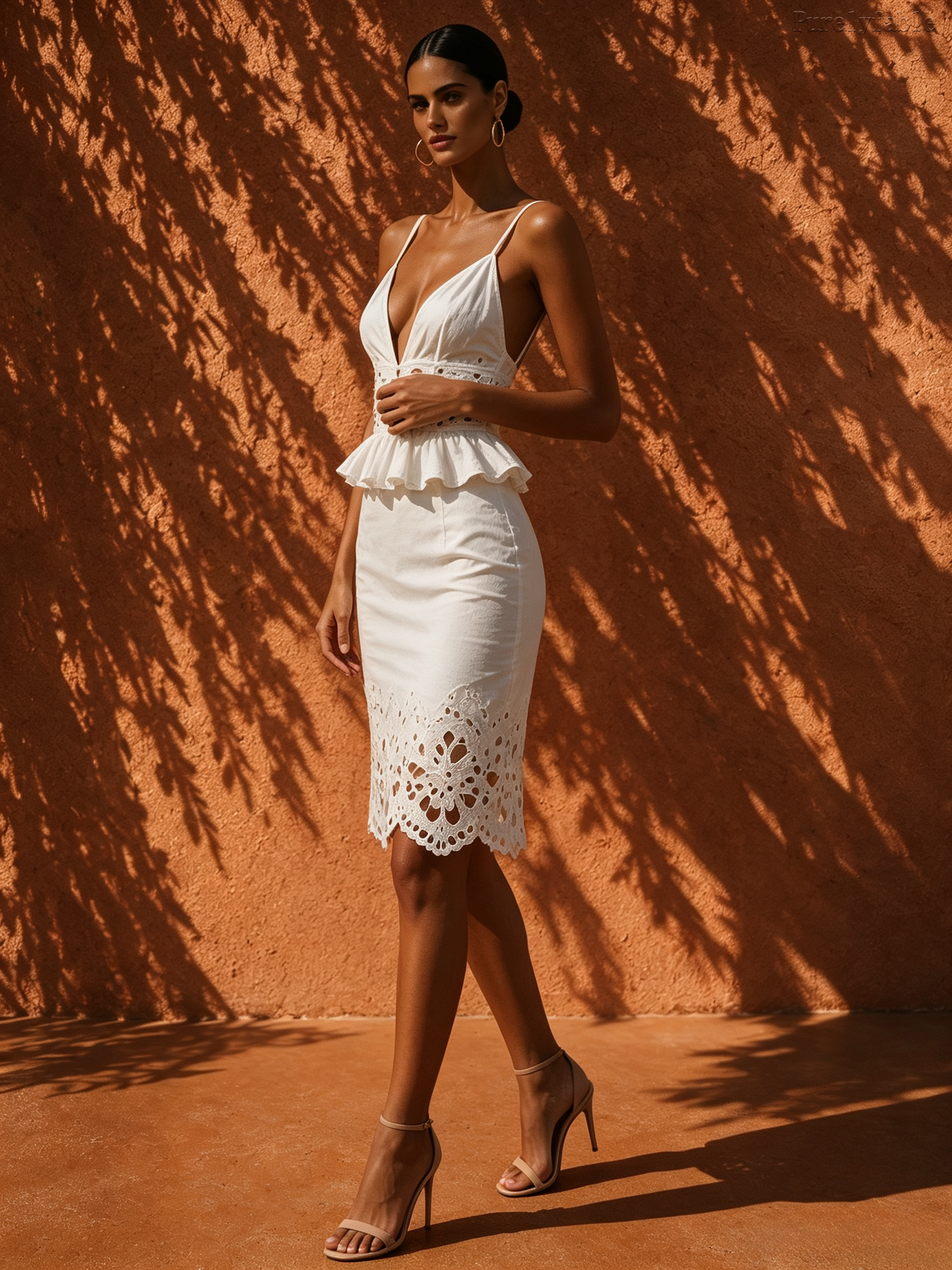Elysia White Camisole Ruffle Fitted Midi Skirt
