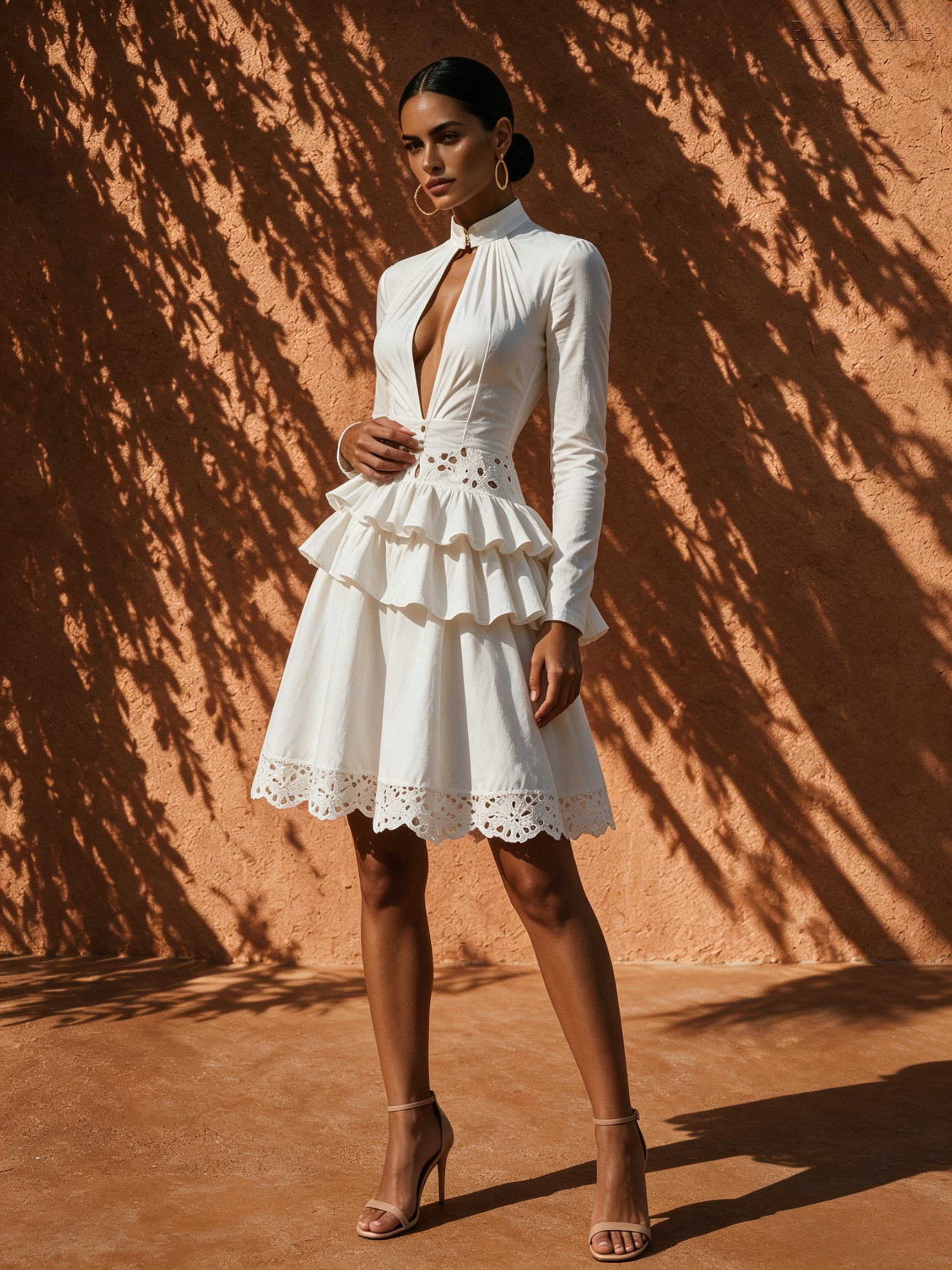 Elysia White Long-Sleeved Hollowed-Out Ruffle Midi Dress