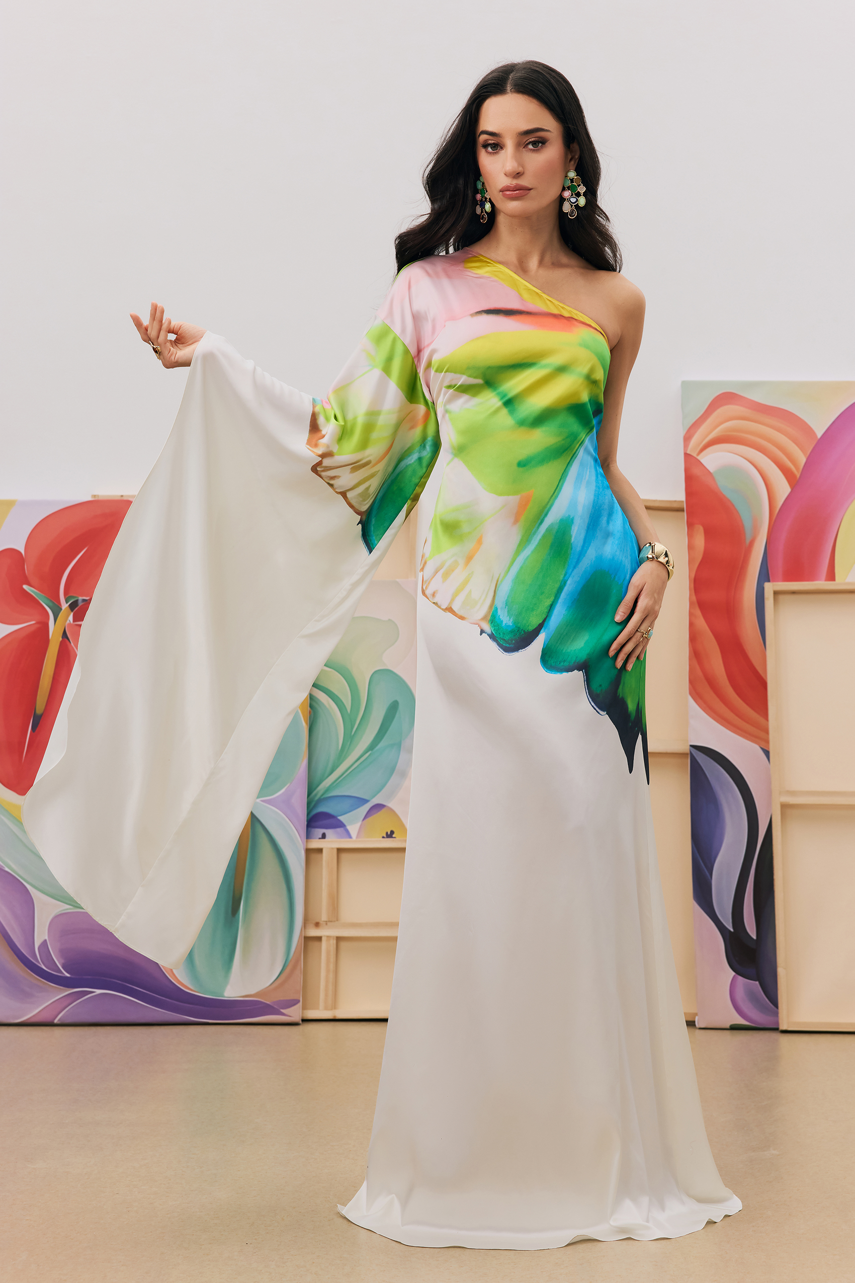 Bernice Printed Single Sleeve Maxi Dress-purelyfable