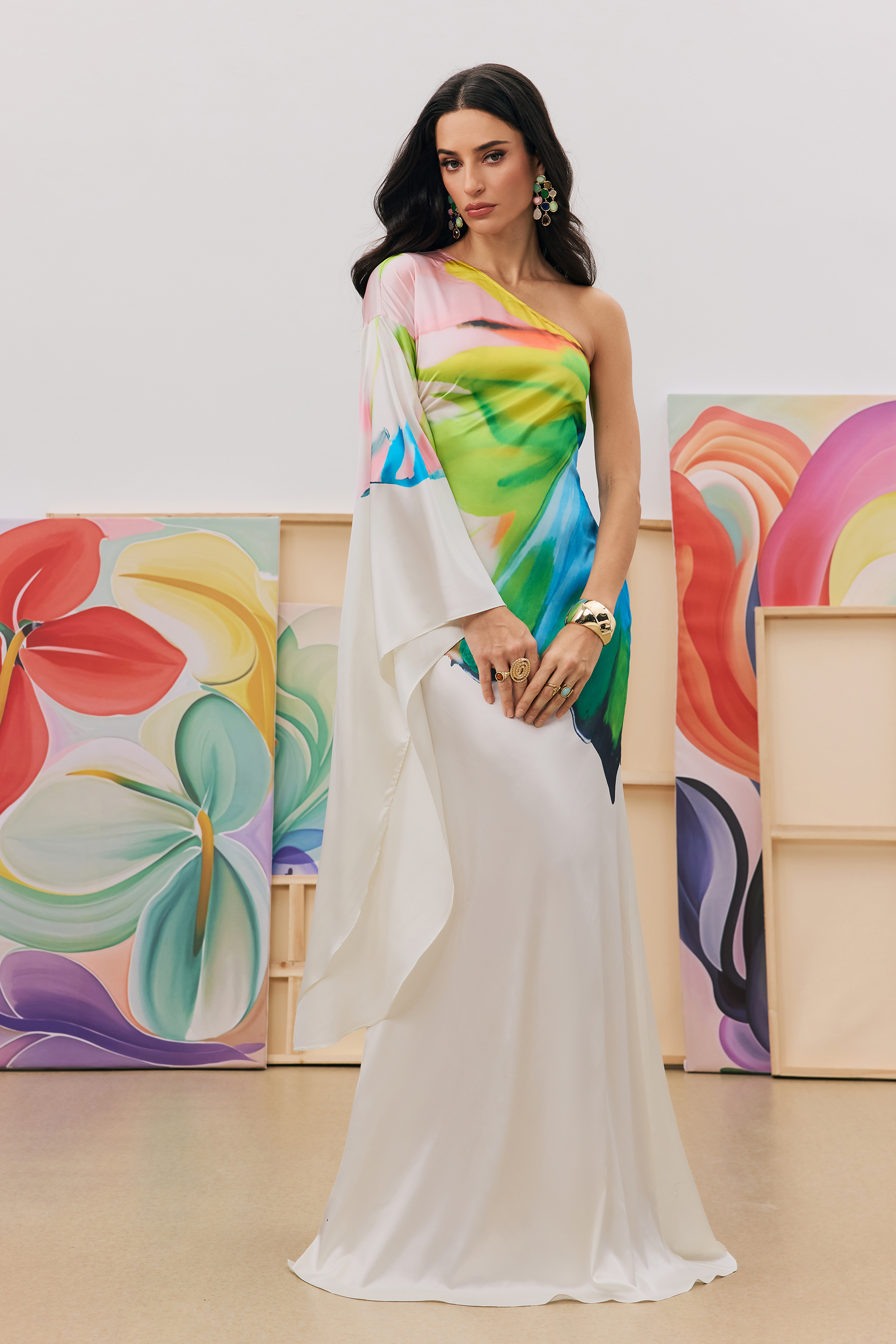 Bernice Printed Single Sleeve Maxi Dress-purelyfable