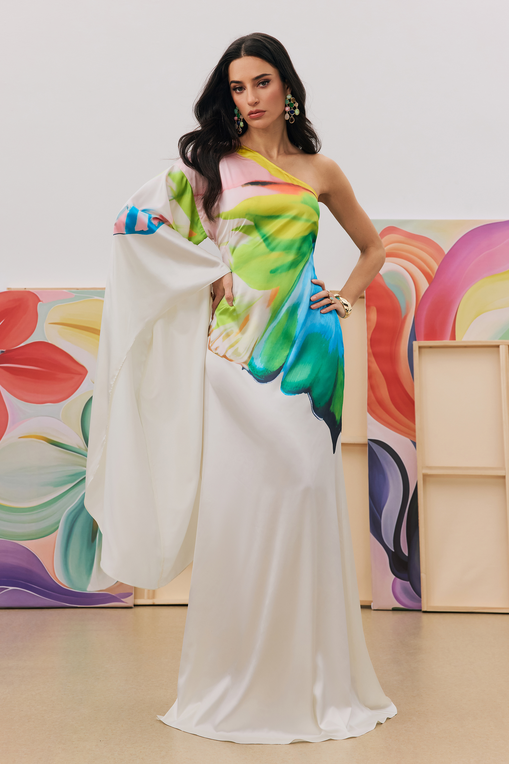 Bernice Printed Single Sleeve Maxi Dress-purelyfable