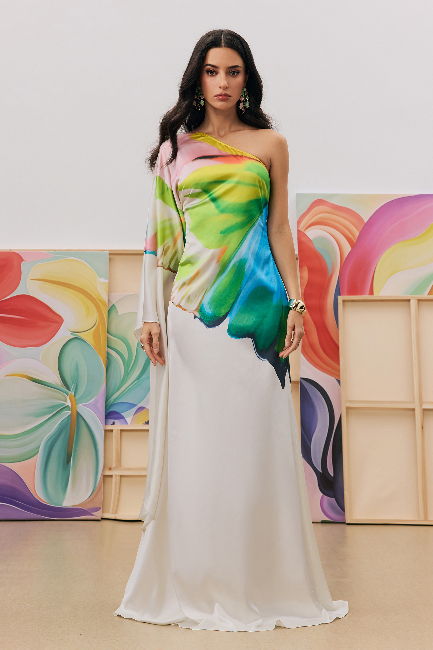 Bernice Printed Single Sleeve Maxi Dress-purelyfable