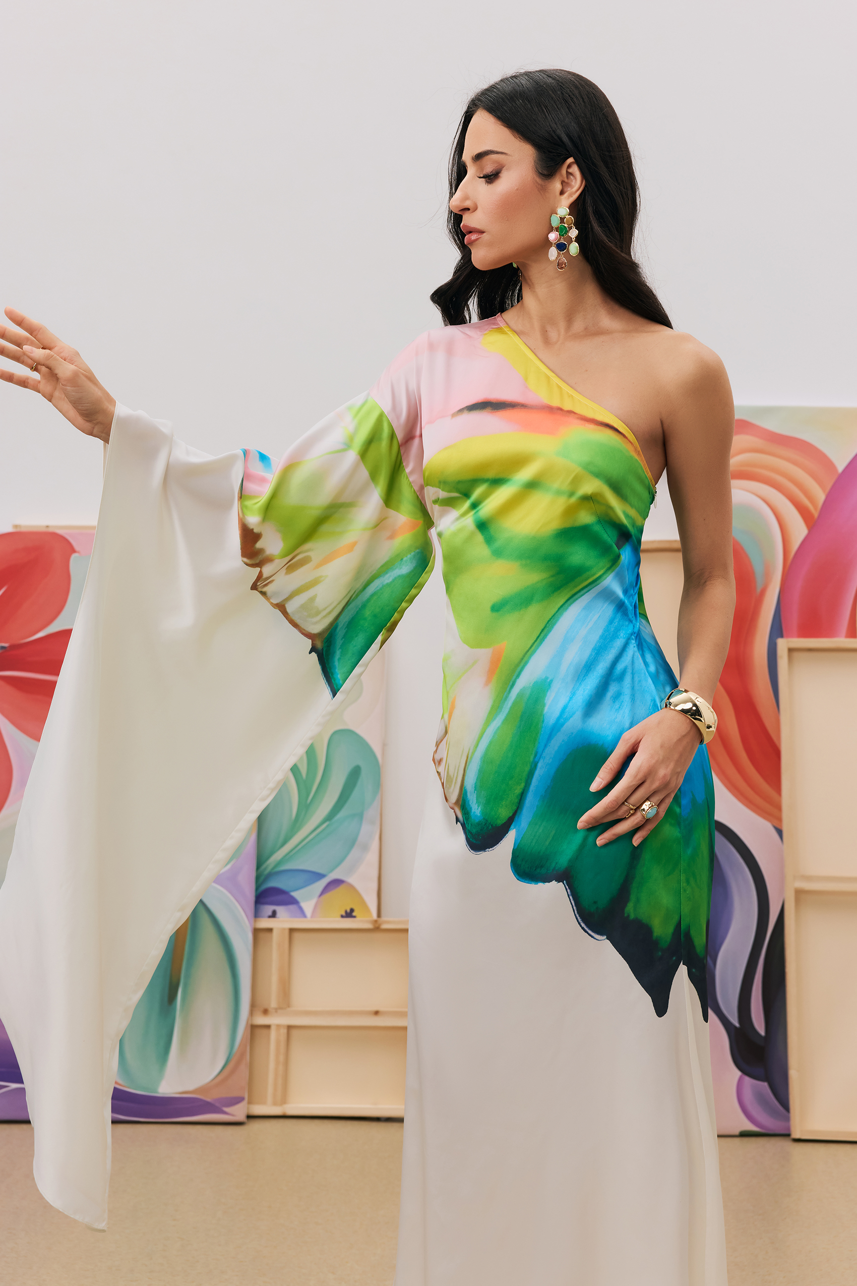 Bernice Printed Single Sleeve Maxi Dress-purelyfable