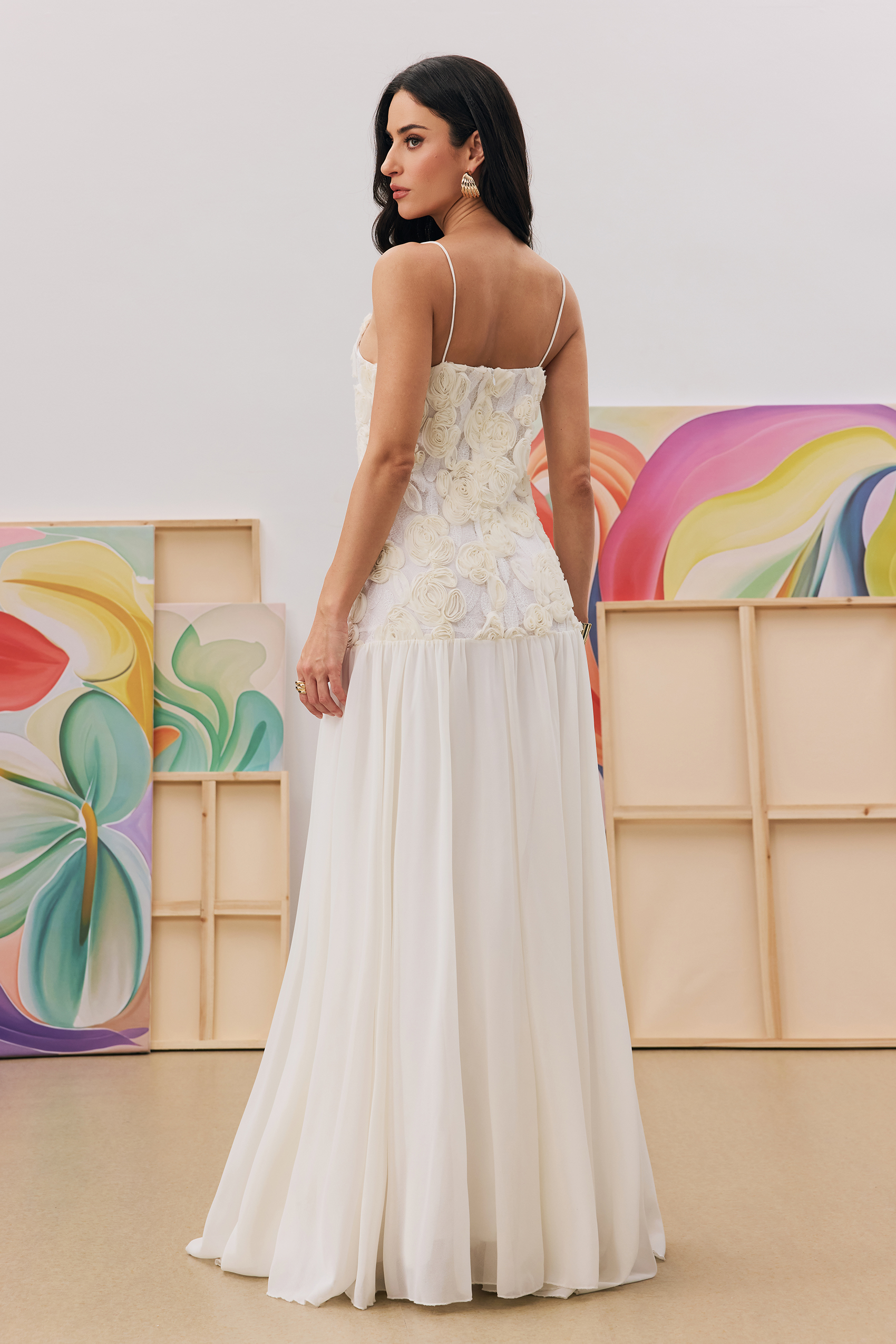 Andrea Floral Applique Pleated Chiffon Maxi Dress-purelyfable