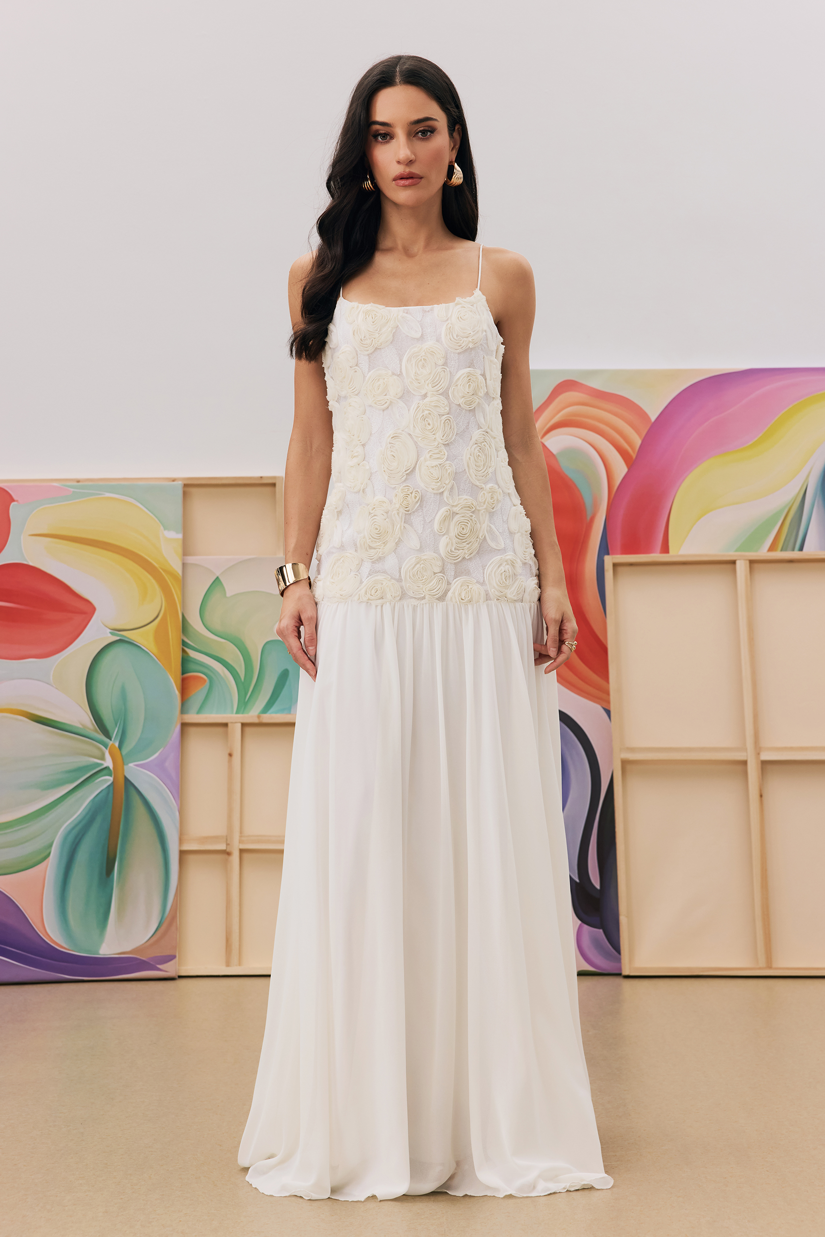 Andrea Floral Applique Pleated Chiffon Maxi Dress-purelyfable