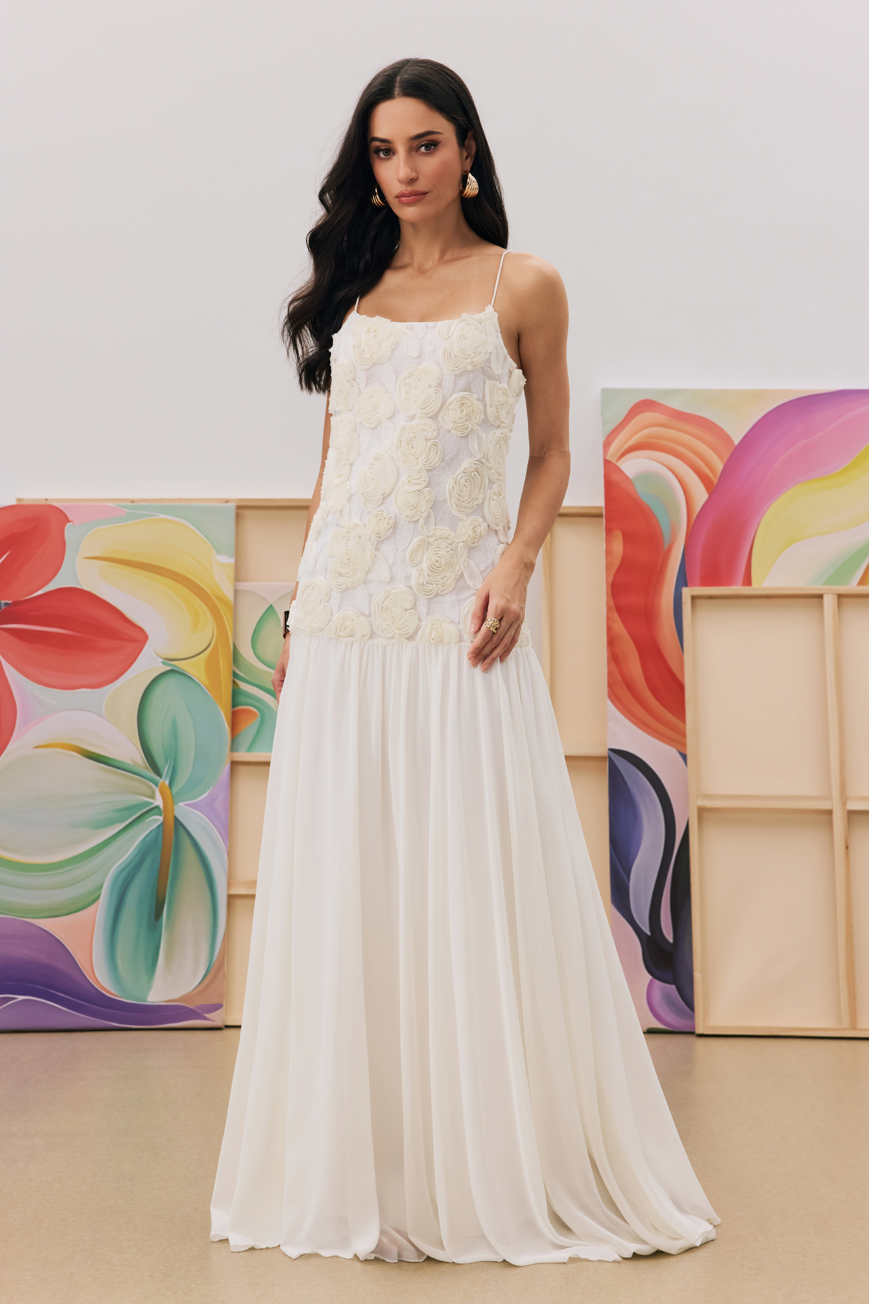 Andrea Floral Applique Pleated Chiffon Maxi Dress-purelyfable