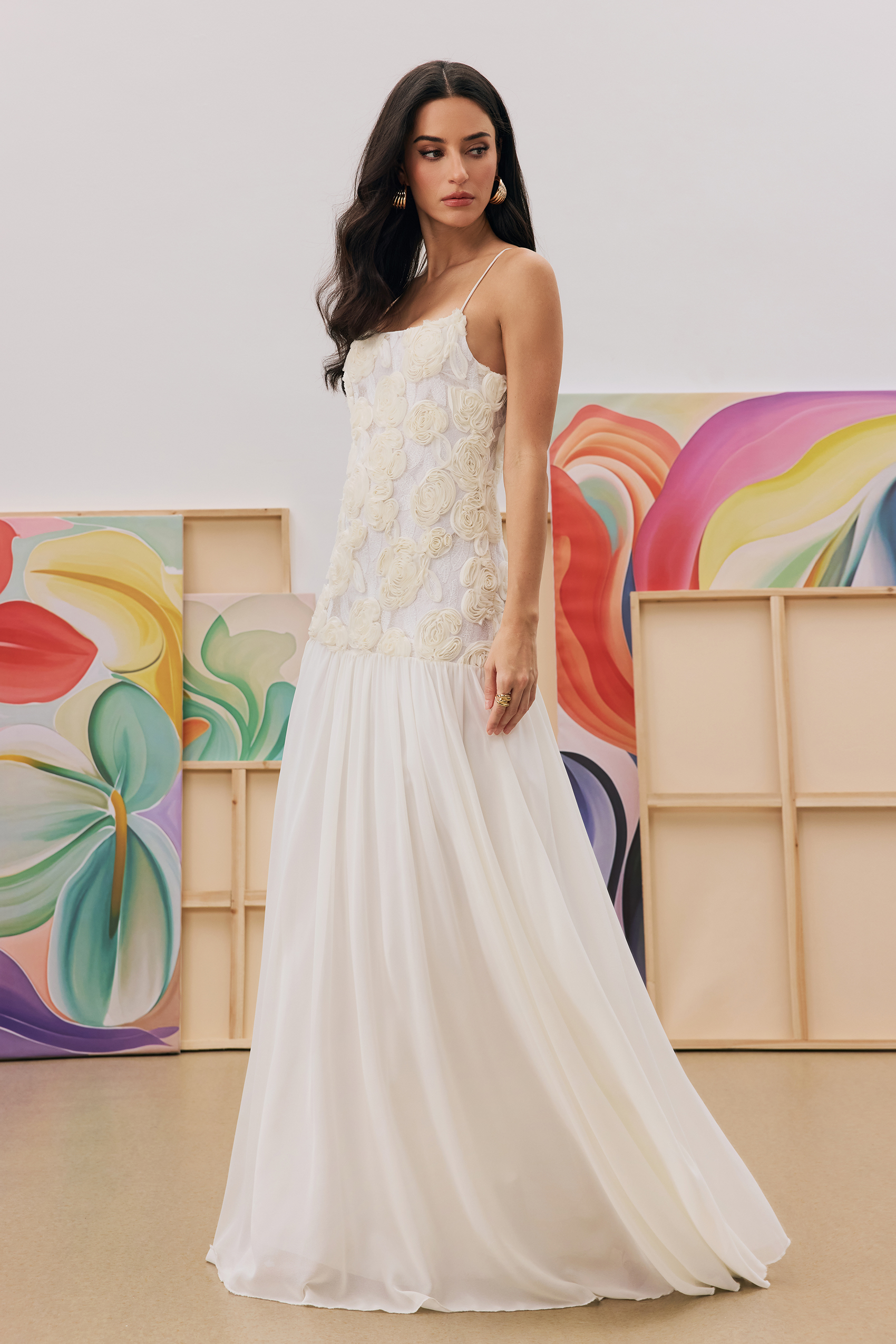 Andrea Floral Applique Pleated Chiffon Maxi Dress-purelyfable