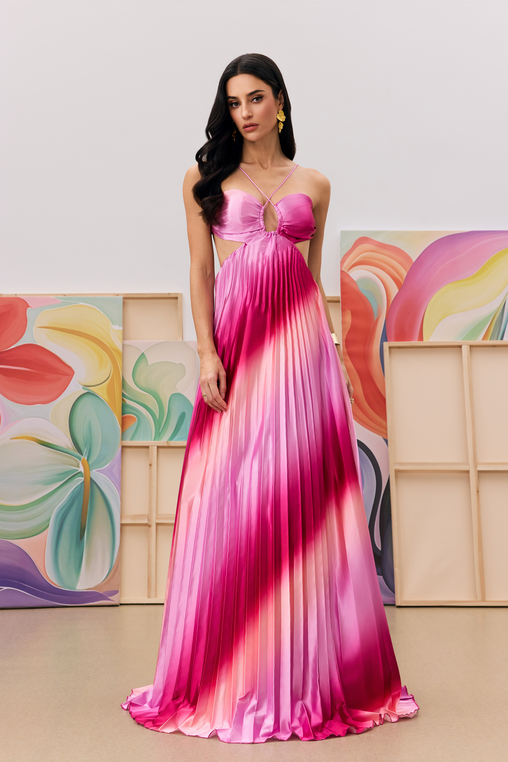 Hayley Pleated Gradient Cutout Maxi Dress-purelyfable