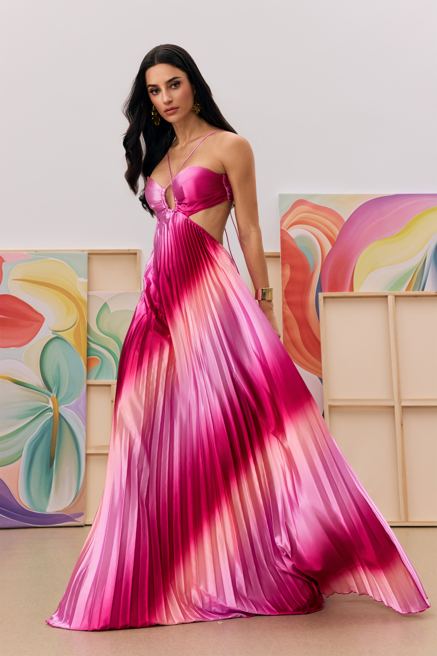 Hayley Pleated Gradient Cutout Maxi Dress-purelyfable