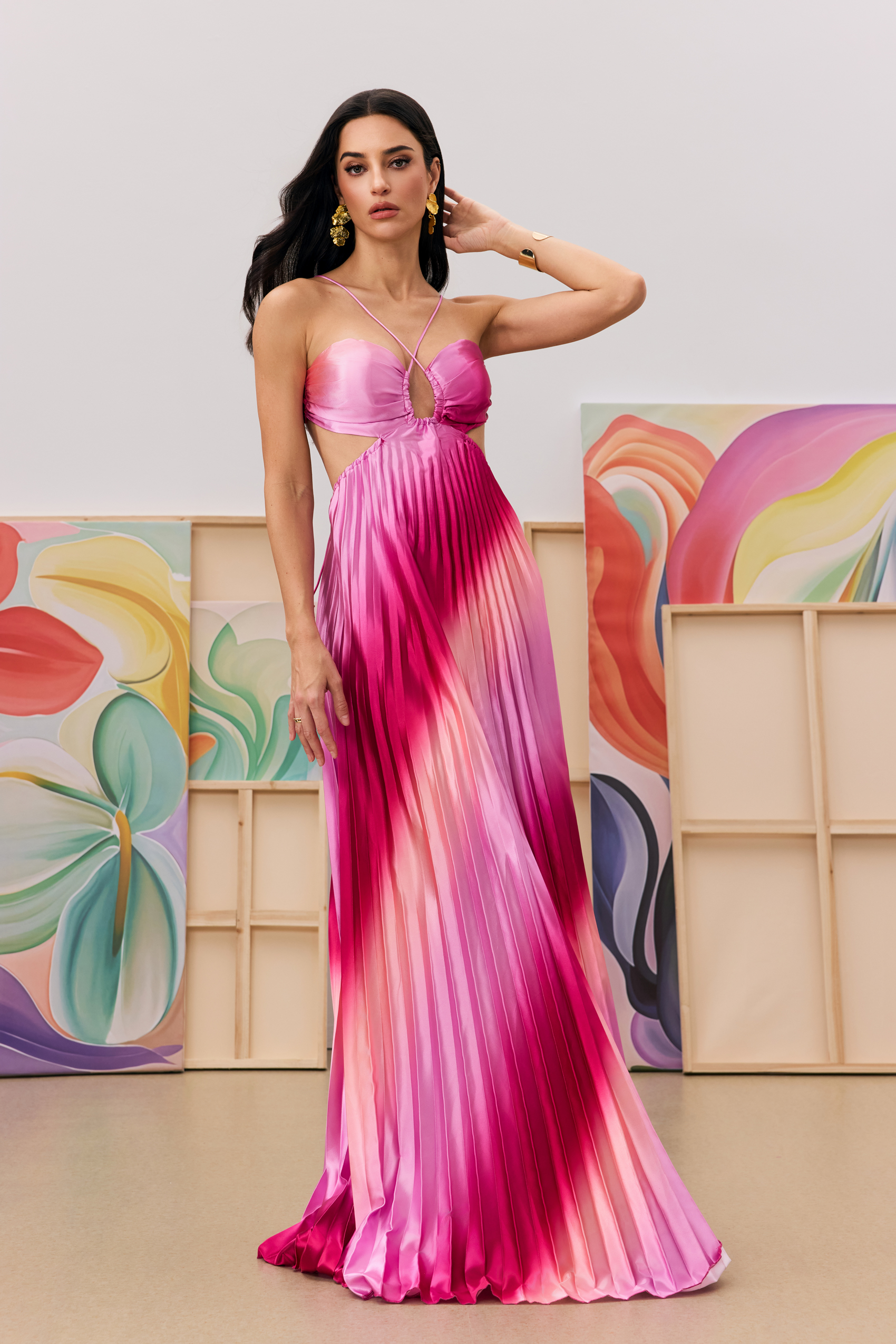 Hayley Pleated Gradient Cutout Maxi Dress-purelyfable