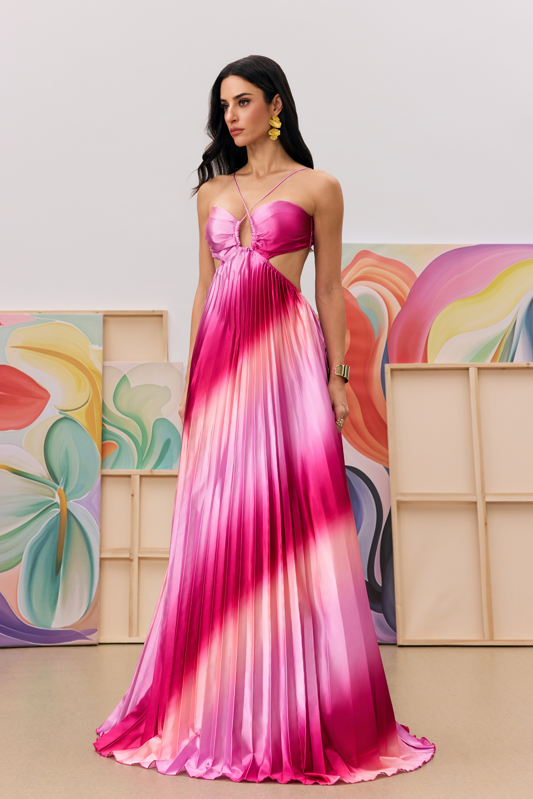 Hayley Pleated Gradient Cutout Maxi Dress-purelyfable