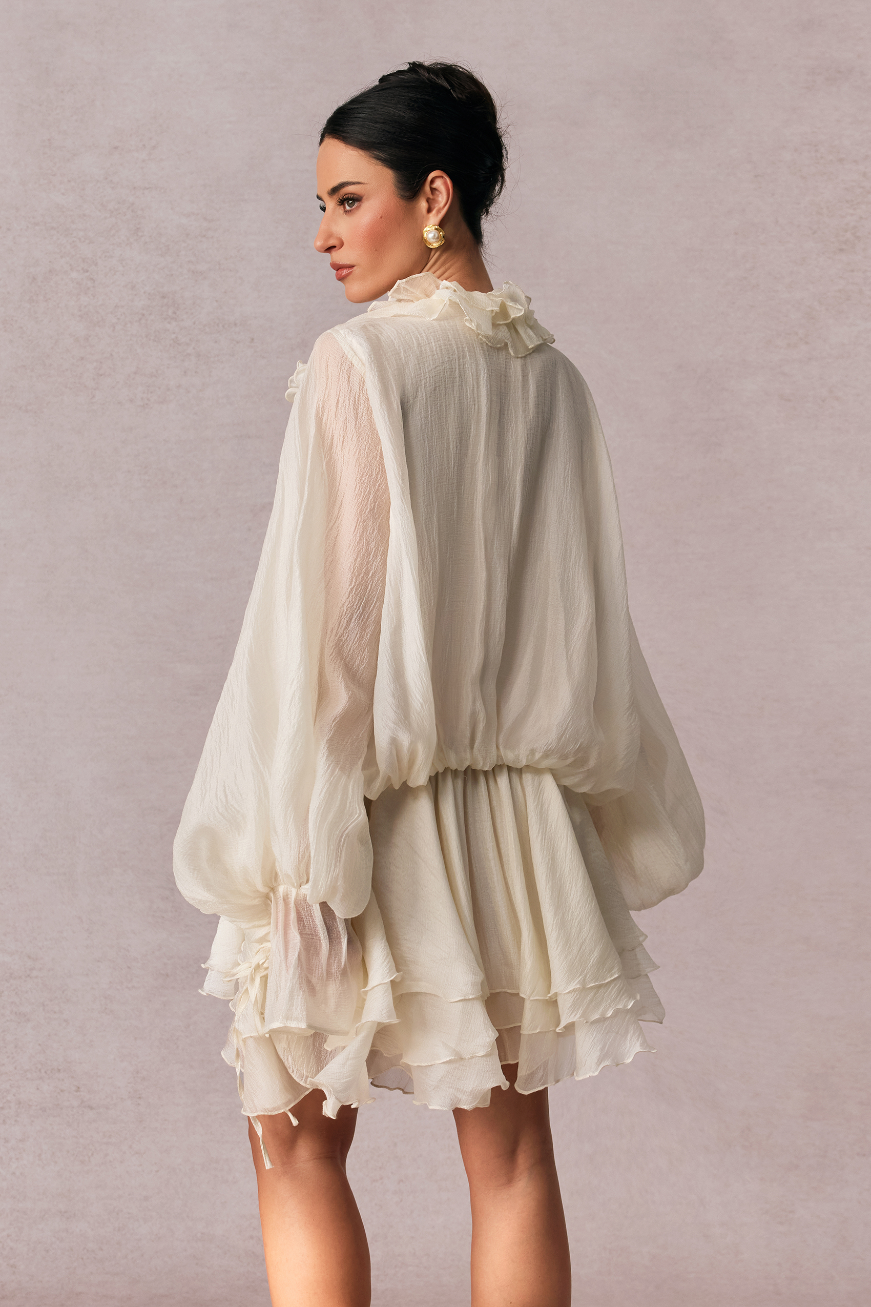 Olive Puff Sleeve Tiered Mini Dress-purelyfable